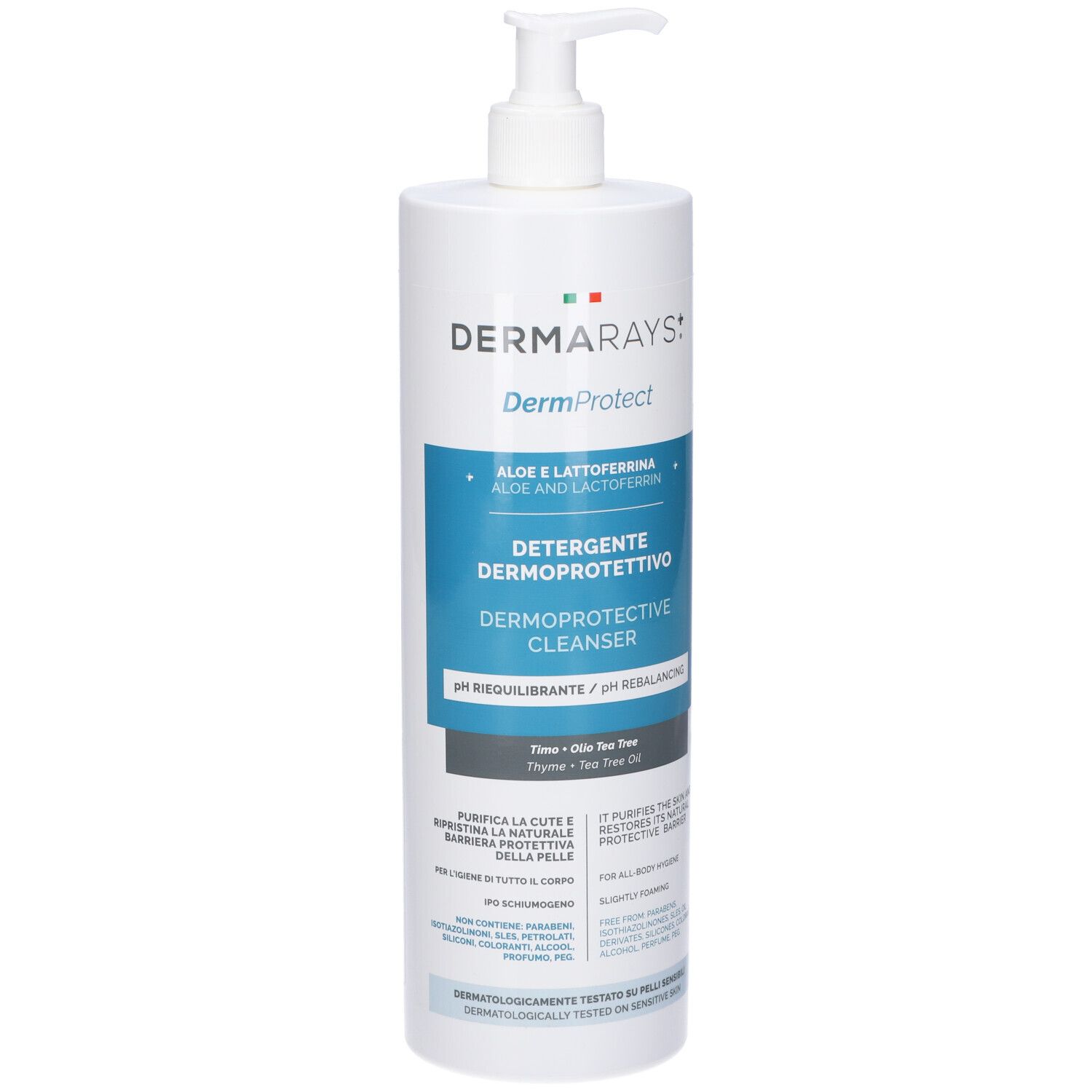 Flacone bianco con dosatore a pompa. Scritte: DERMARAYS, DermProtect, Detersivo Dermoprotettivo. Etichette blu e bianche.