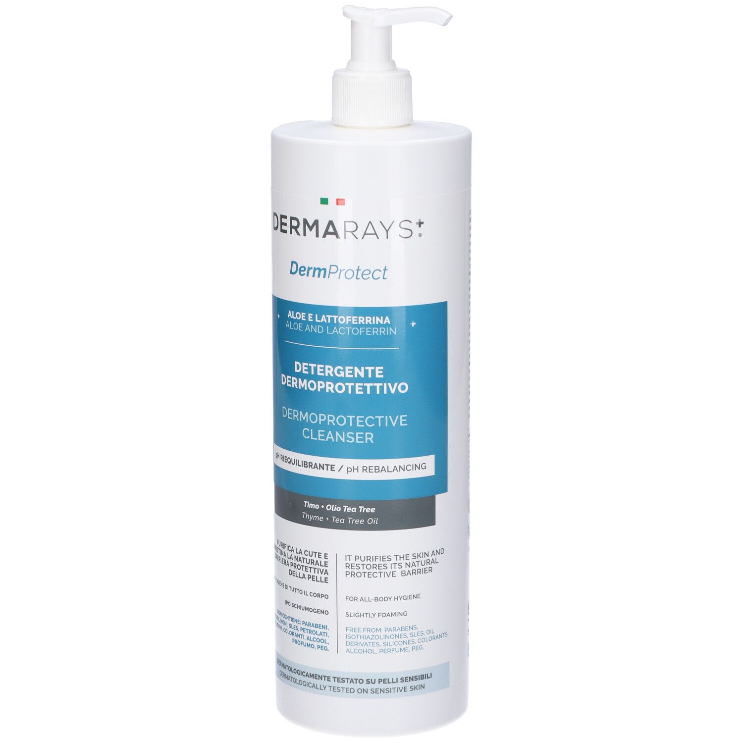 Flacone bianco con dosatore a pompa. Scritte: DERMARAYS, DermProtect, Detersivo Dermoprotettivo. Etichette blu e bianche.
