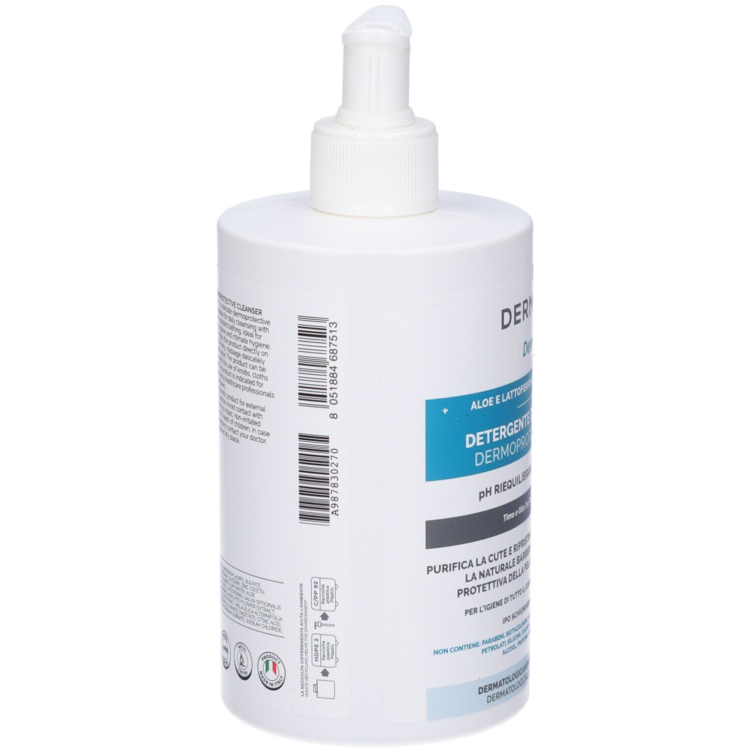 Retro di un flacone bianco con dosatore a pompa. Codice a barre e testo. Loghi e certificazioni. Nome del prodotto non visibile.