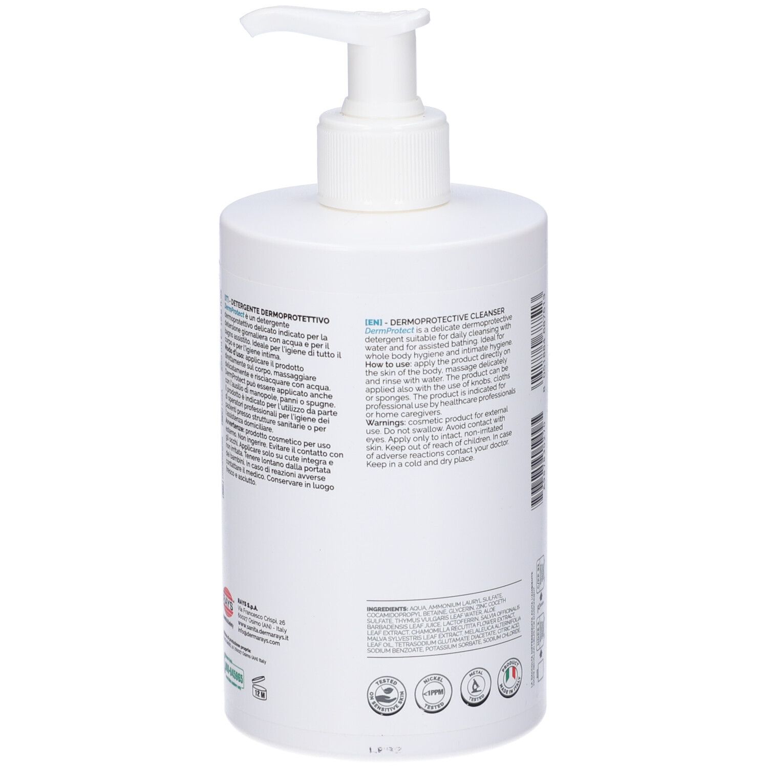 Retro di un flacone bianco con dosatore a pompa. Testo in italiano. Loghi e certificazioni. Nome del prodotto non visibile.