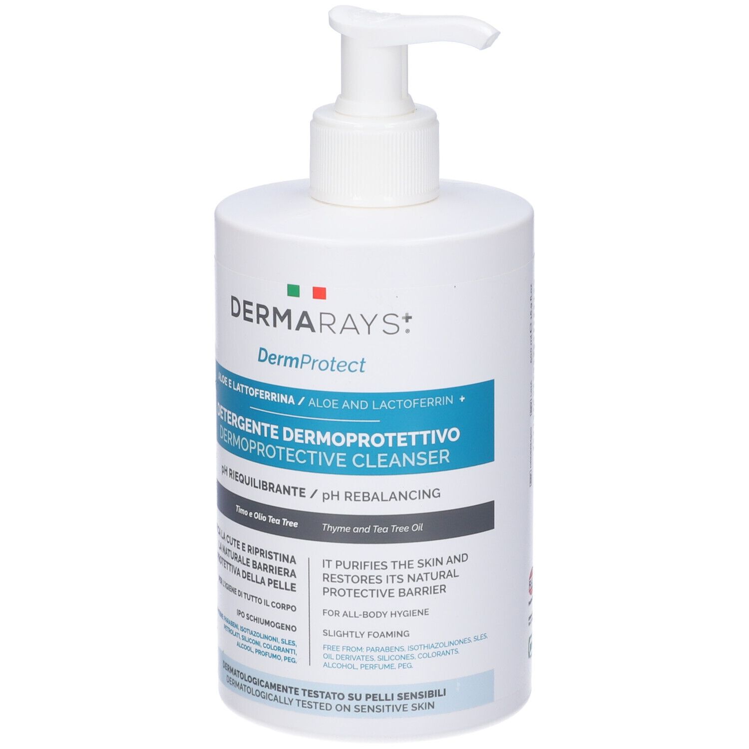 Flacone bianco con dosatore a pompa. Scritta: DERMARAYS, DermProtect, Detersivo Dermoprotettivo. Testo in italiano e inglese. pH riequilibrante.