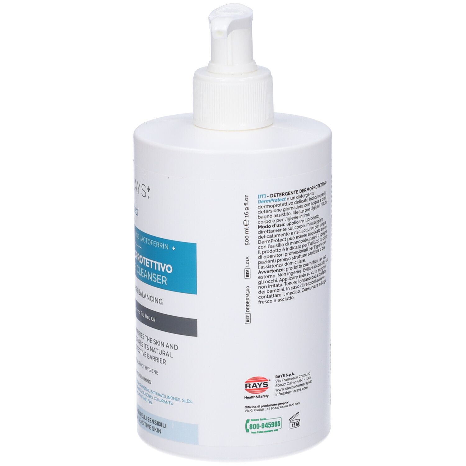 Retro di un flacone bianco con dosatore a pompa. Testo in italiano. Nome del prodotto non visibile. Volume: 500 ml.