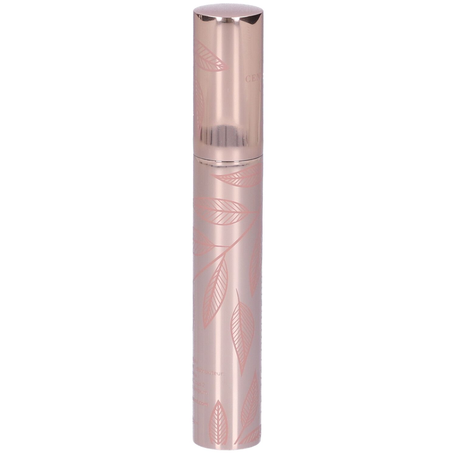 Tubetto mascara rosa con motivo a foglie. Coperchio e scritta oro rosa. Scritta: Le Volumineux.