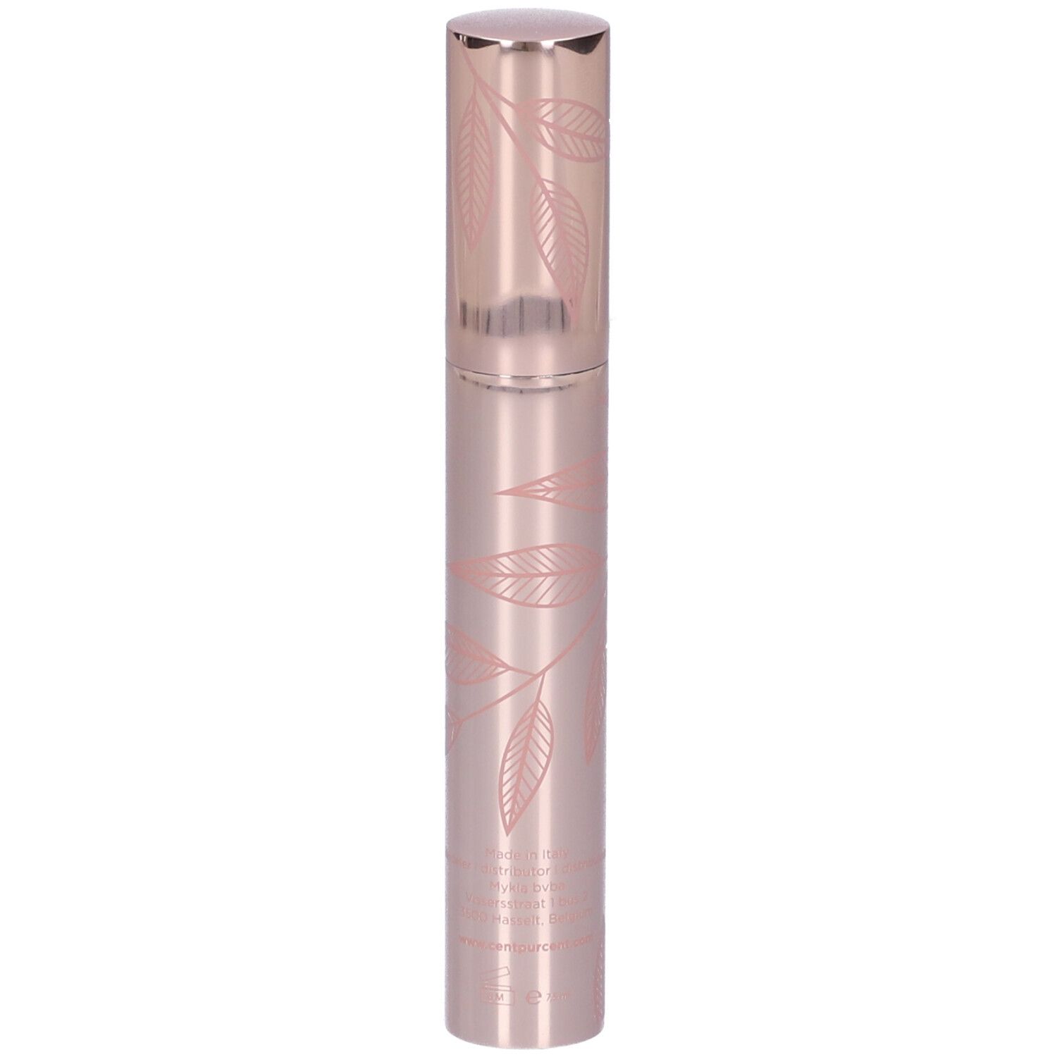 Tubetto mascara rosa con motivo a foglie. Coperchio e scritta oro rosa. Scritta: Le Volumineux.