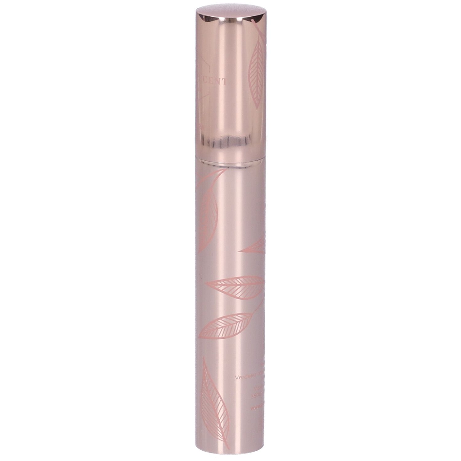 Tubetto mascara rosa con motivo a foglie. Coperchio e scritta oro rosa. Scritta: Le Volumineux.