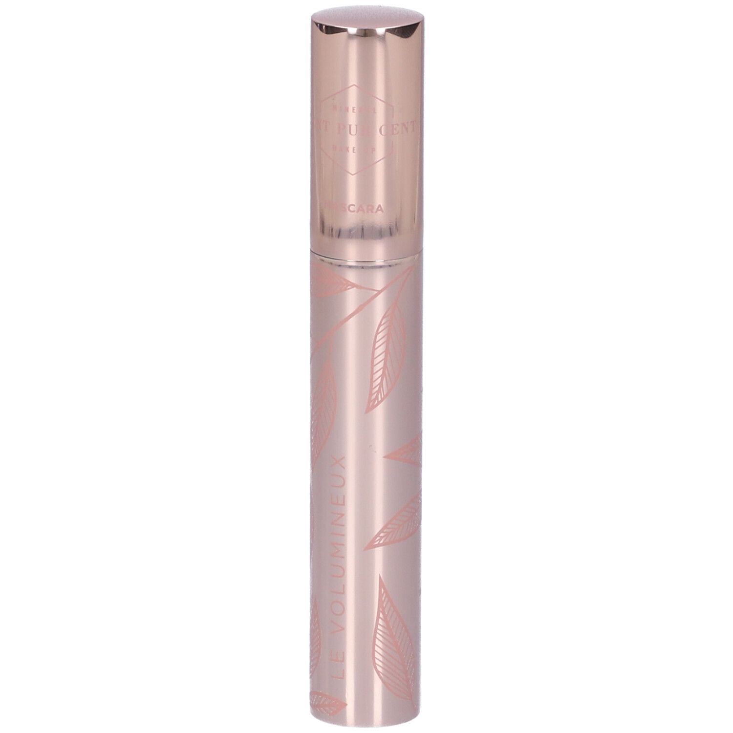 Tubetto mascara rosa con motivo a foglie. Coperchio e scritta oro rosa. Scritta: Le Volumineux.