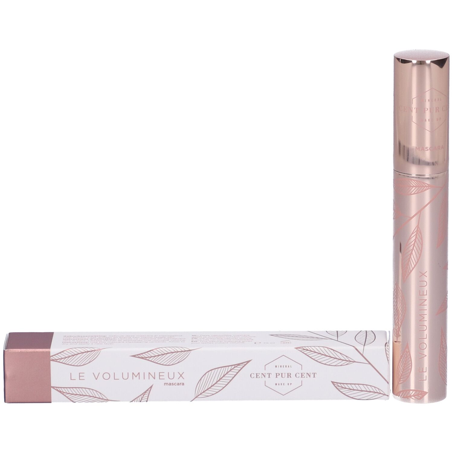 Tubetto mascara rosa con motivo a foglie e confezione. Scritta: Le Volumineux Mascara. Cent Pur Cent.