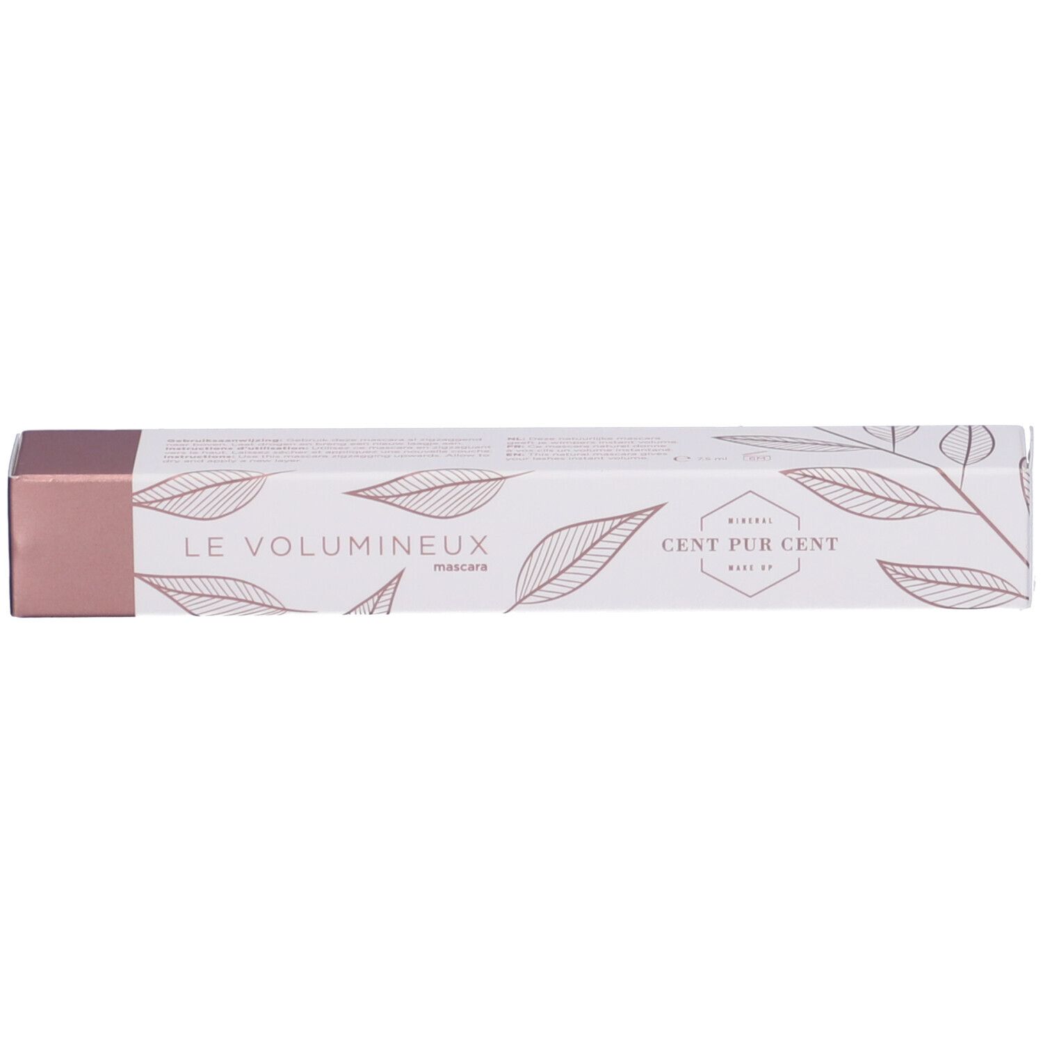 Confezione rettangolare lunga. Bianca con motivo a foglie e dettagli rosa. Scritta: Le Volumineux Mascara. Cent Pur Cent.