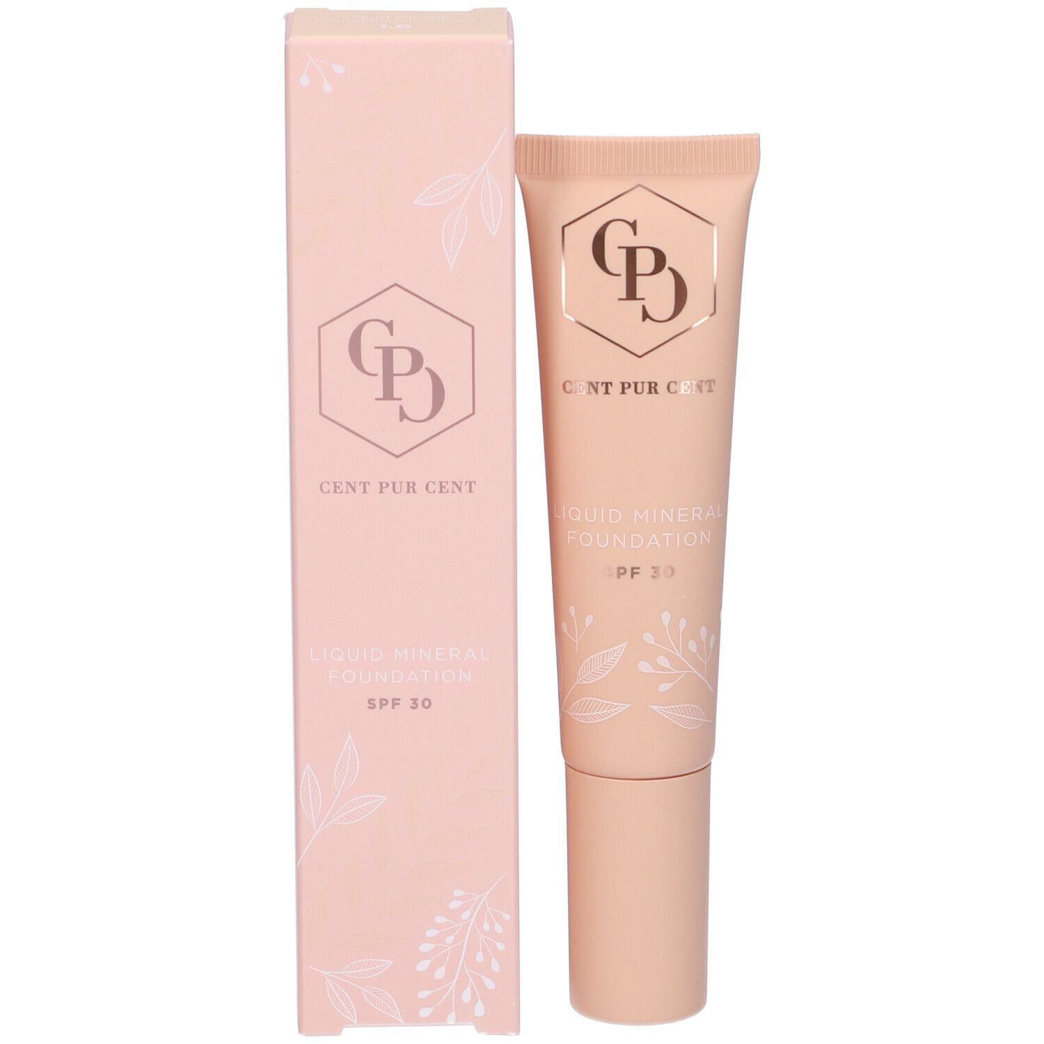 Confezione del prodotto con tubo e scatola. Scritta Cent Pur Cent Liquid Mineral Foundation SPF30.