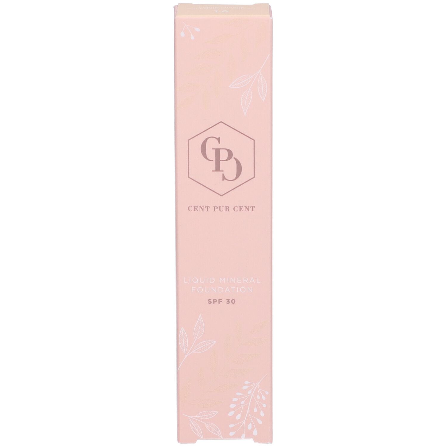 Scatola rosa con logo Cent Pur Cent e scritta Liquid Mineral Foundation SPF30.