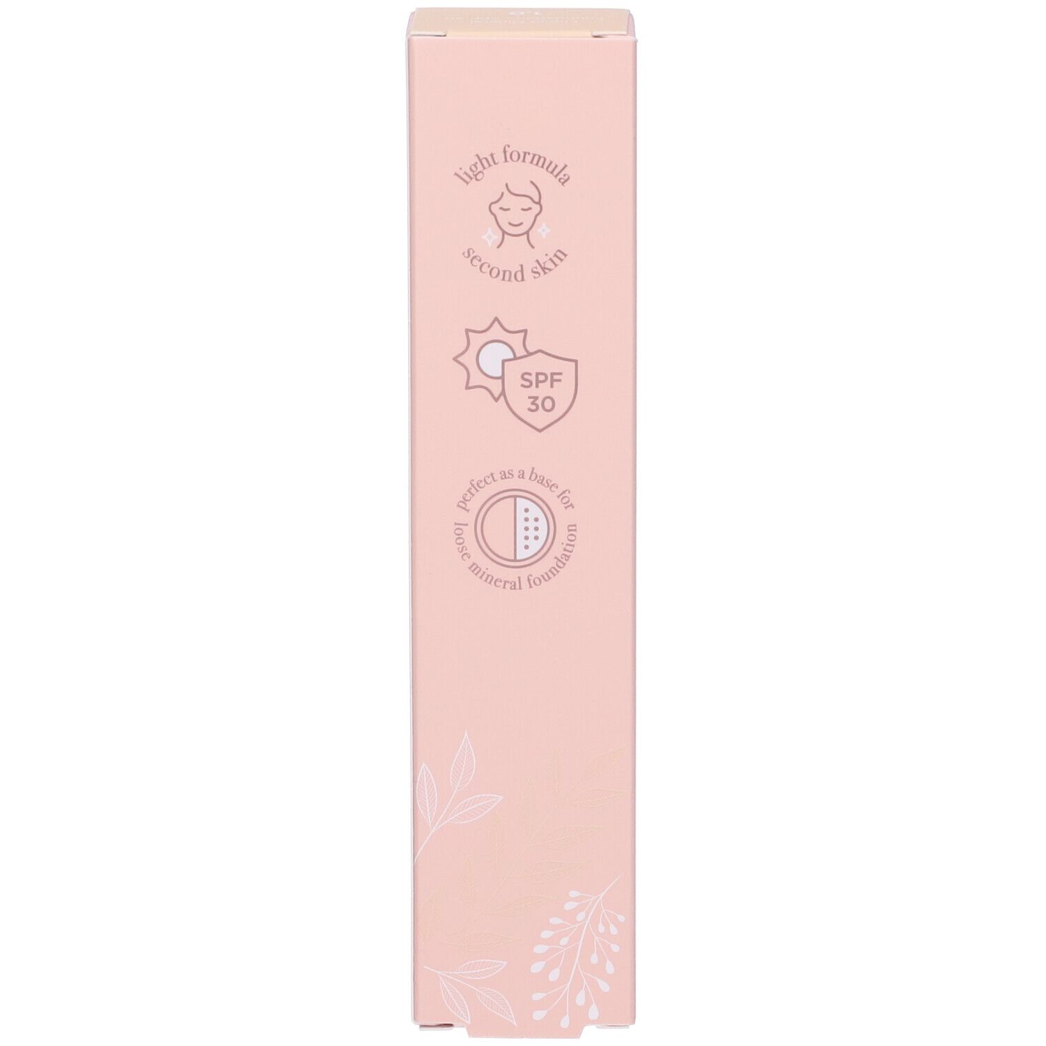 Scatola rosa, fronte con simboli e testo: light formula, second skin, SPF 30.