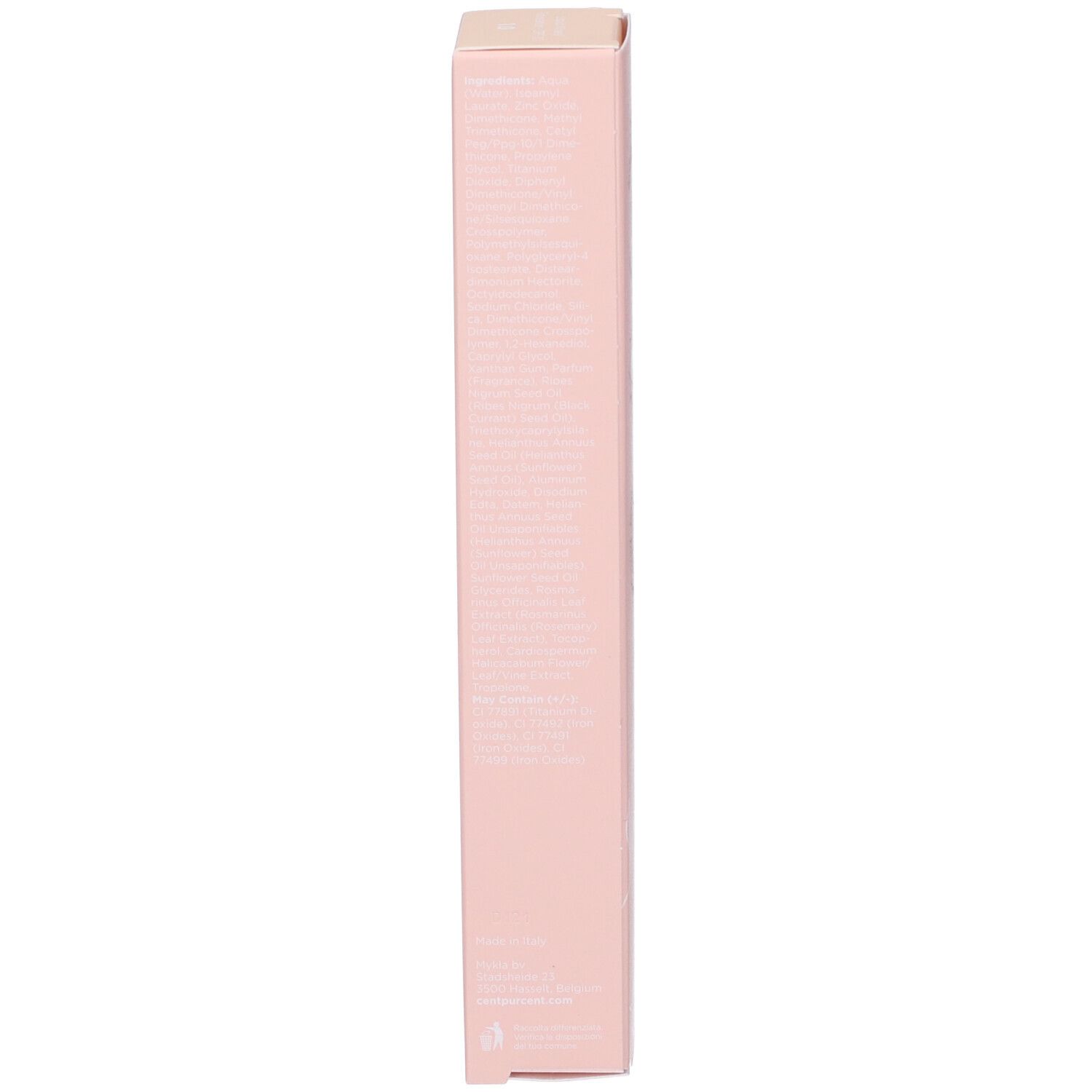 Scatola rosa, lato con testo.