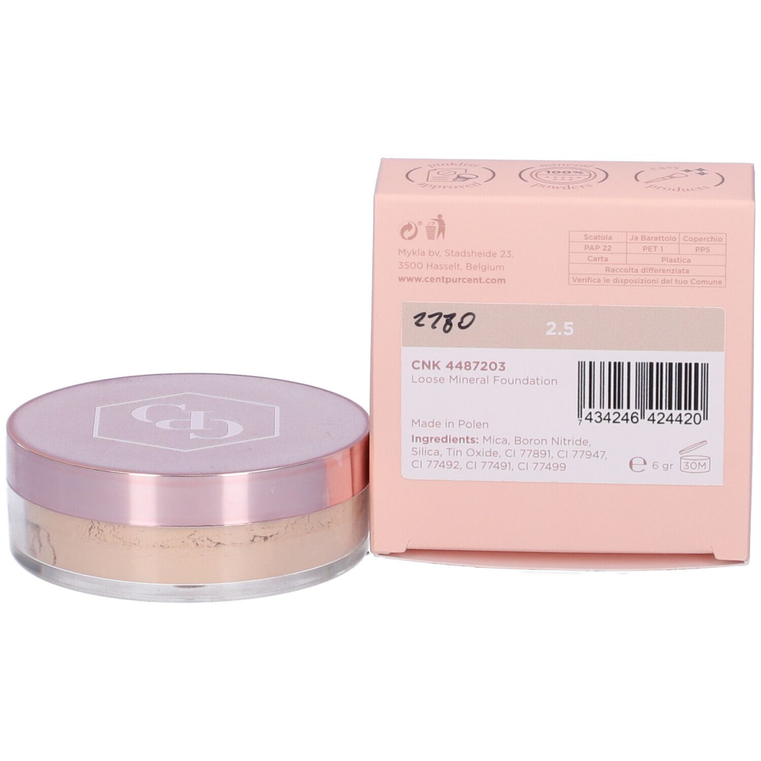 Cent Pur Cent Loose Mineral Foundation. Confezione rosa con testo e codice a barre. Vasetto di polvere. Testo: Ingredienti, peso.