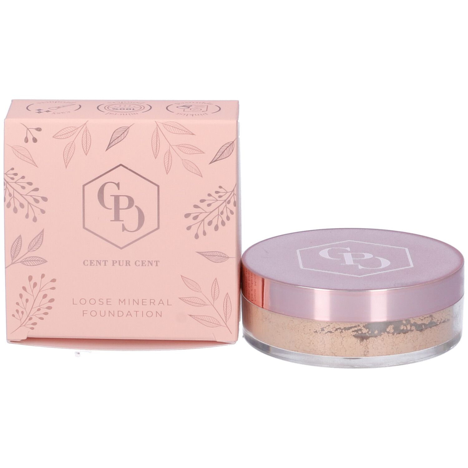 Cent Pur Cent Loose Mineral Foundation. Confezione rosa con logo e scritta. Vasetto di polvere.
