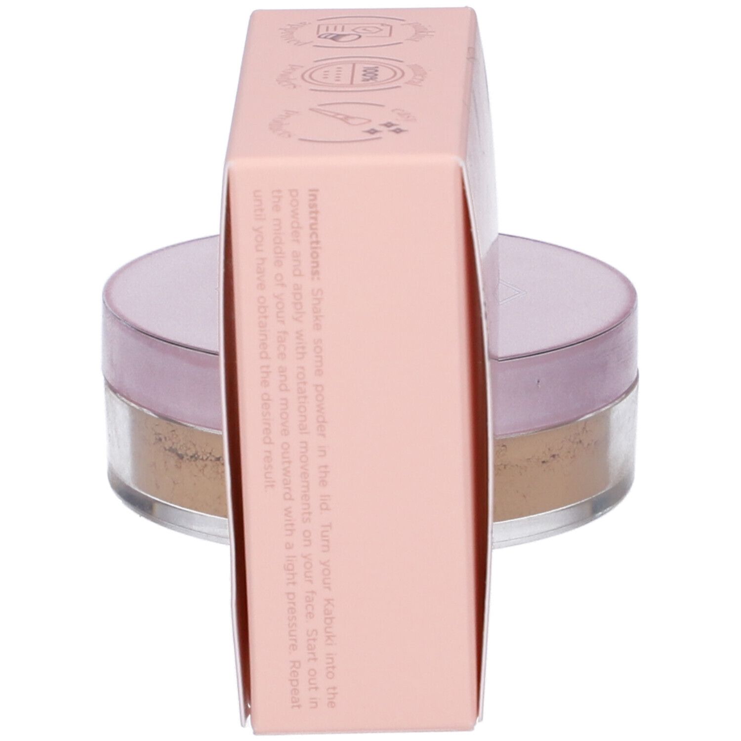Cent Pur Cent Loose Mineral Foundation. Confezione rosa con istruzioni. Barattolo di polvere sciolta sullo sfondo.