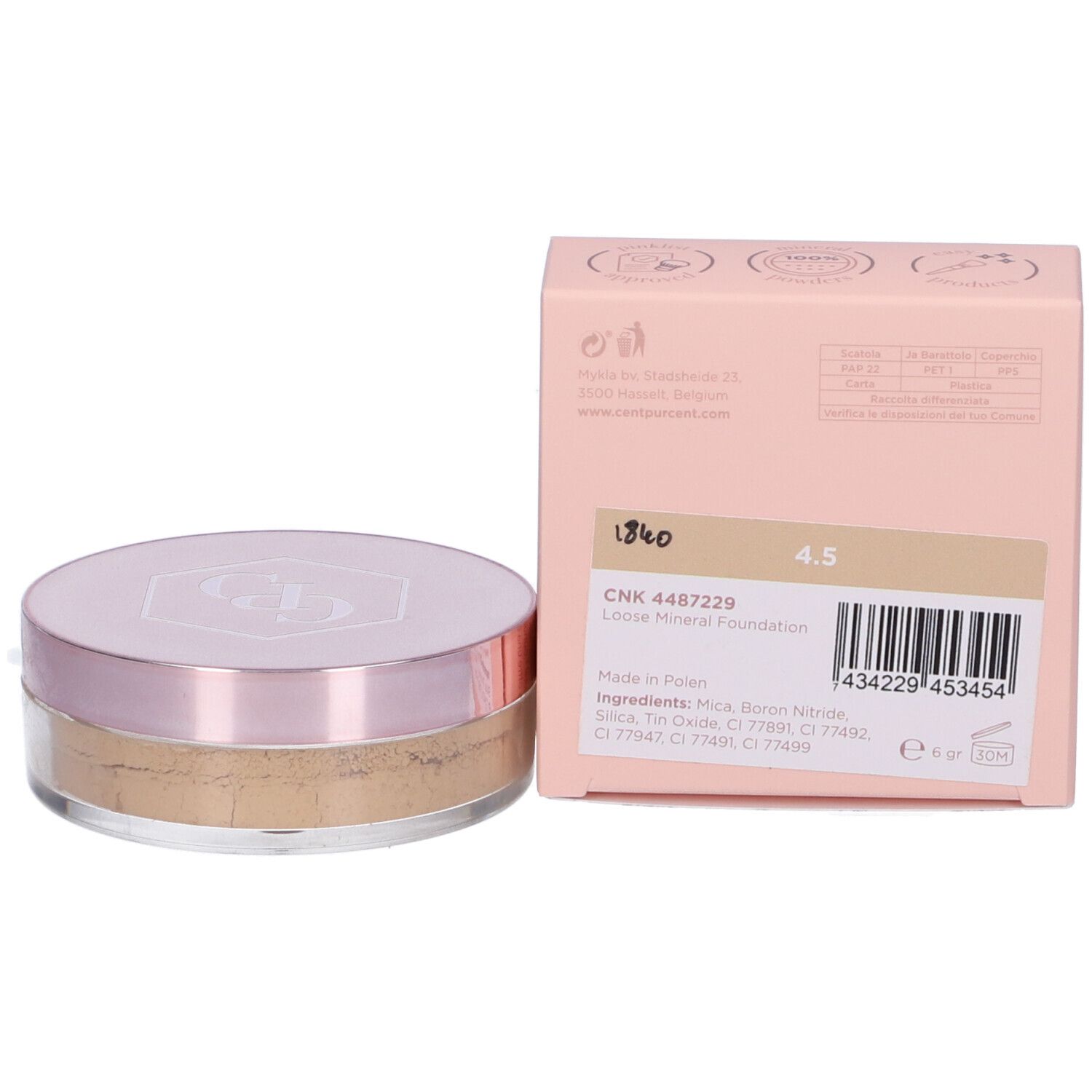 Cent Pur Cent Loose Mineral Foundation. Barattolo e confezione. Scritta 4.5. Ingredienti e codice a barre.
