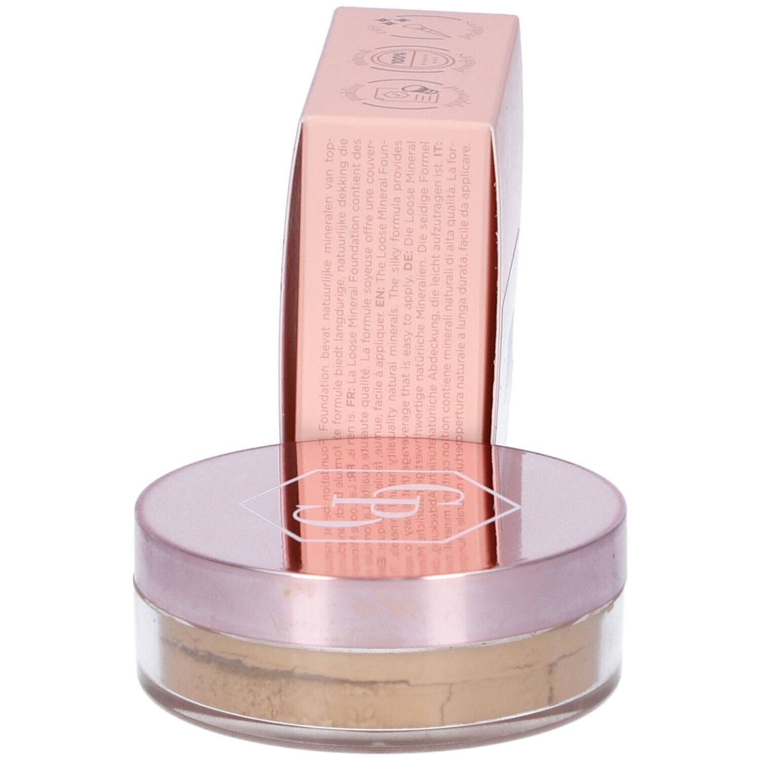 Cent Pur Cent Loose Mineral Foundation. Confezione rosa con logo e scritta. Barattolo di polvere sciolta accanto.