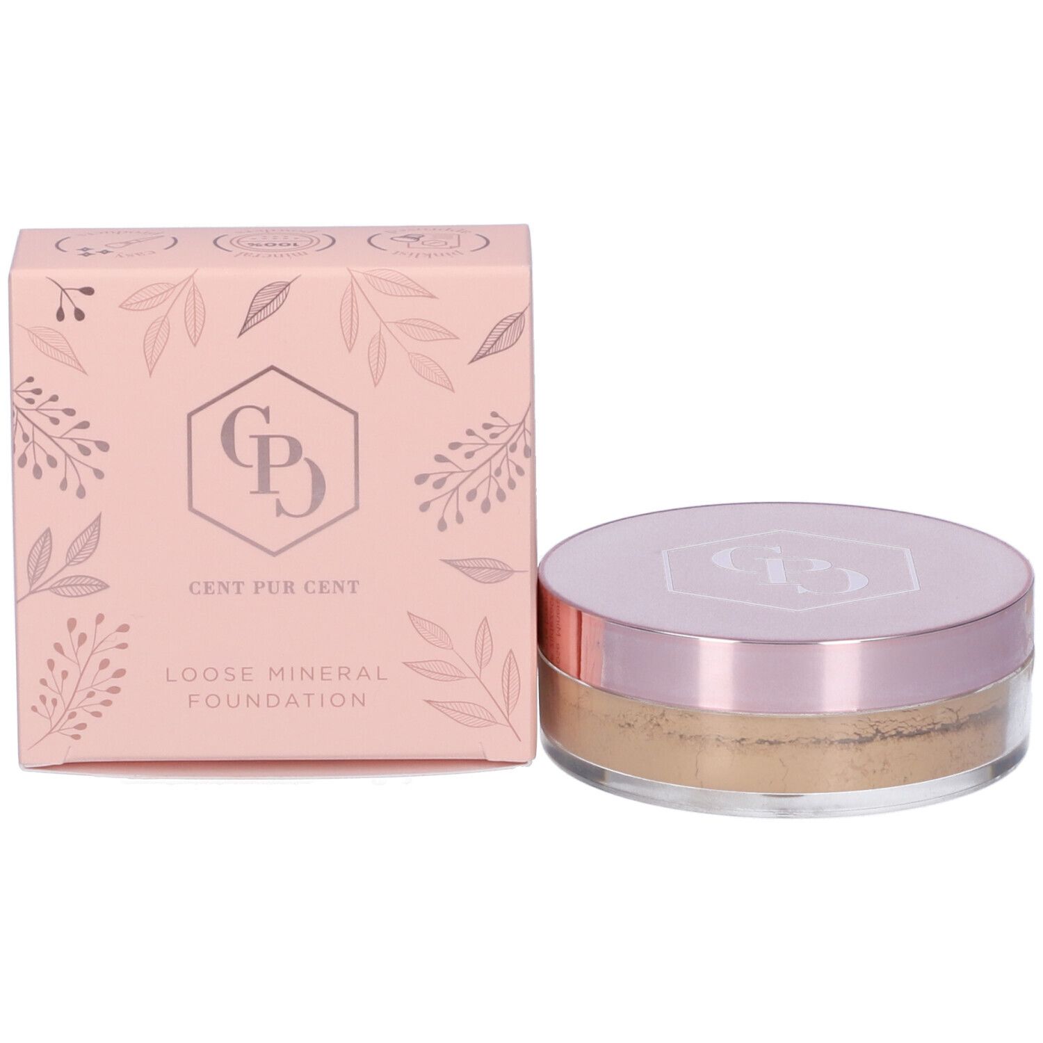 Cent Pur Cent Loose Mineral Foundation. Confezione rosa con logo e scritta. Barattolo di polvere sciolta accanto.