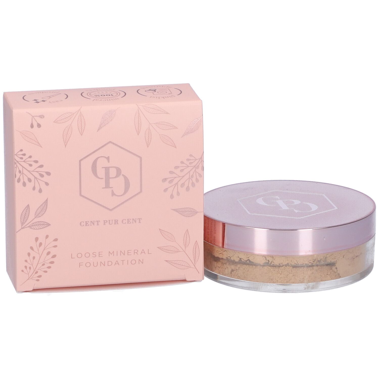Cent Pur Cent Loose Mineral Foundation, barattolo e confezione. Confezione rosa con logo e testo. Barattolo con coperchio rosa.