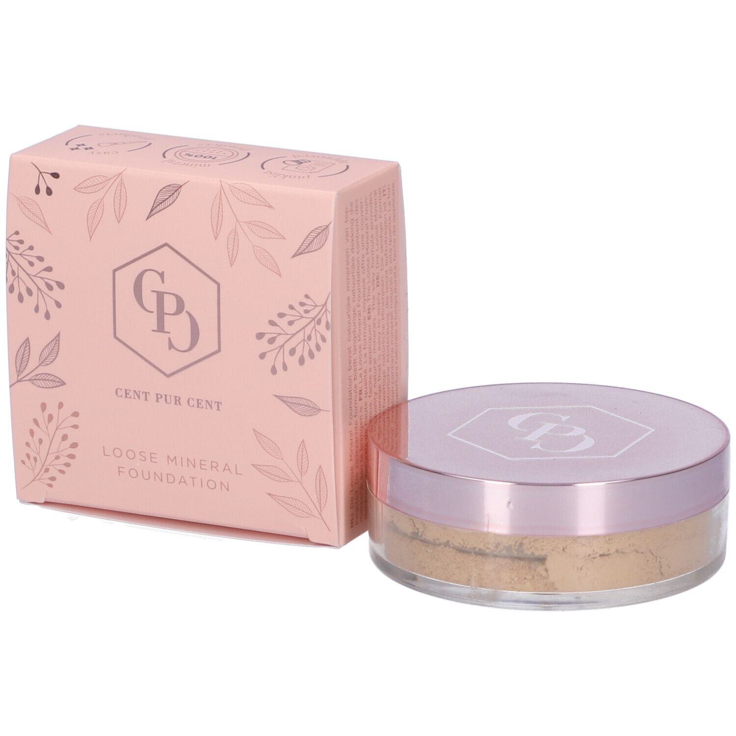 Cent Pur Cent Loose Mineral Foundation, barattolo e confezione. Confezione rosa con logo e testo. Barattolo con coperchio rosa.