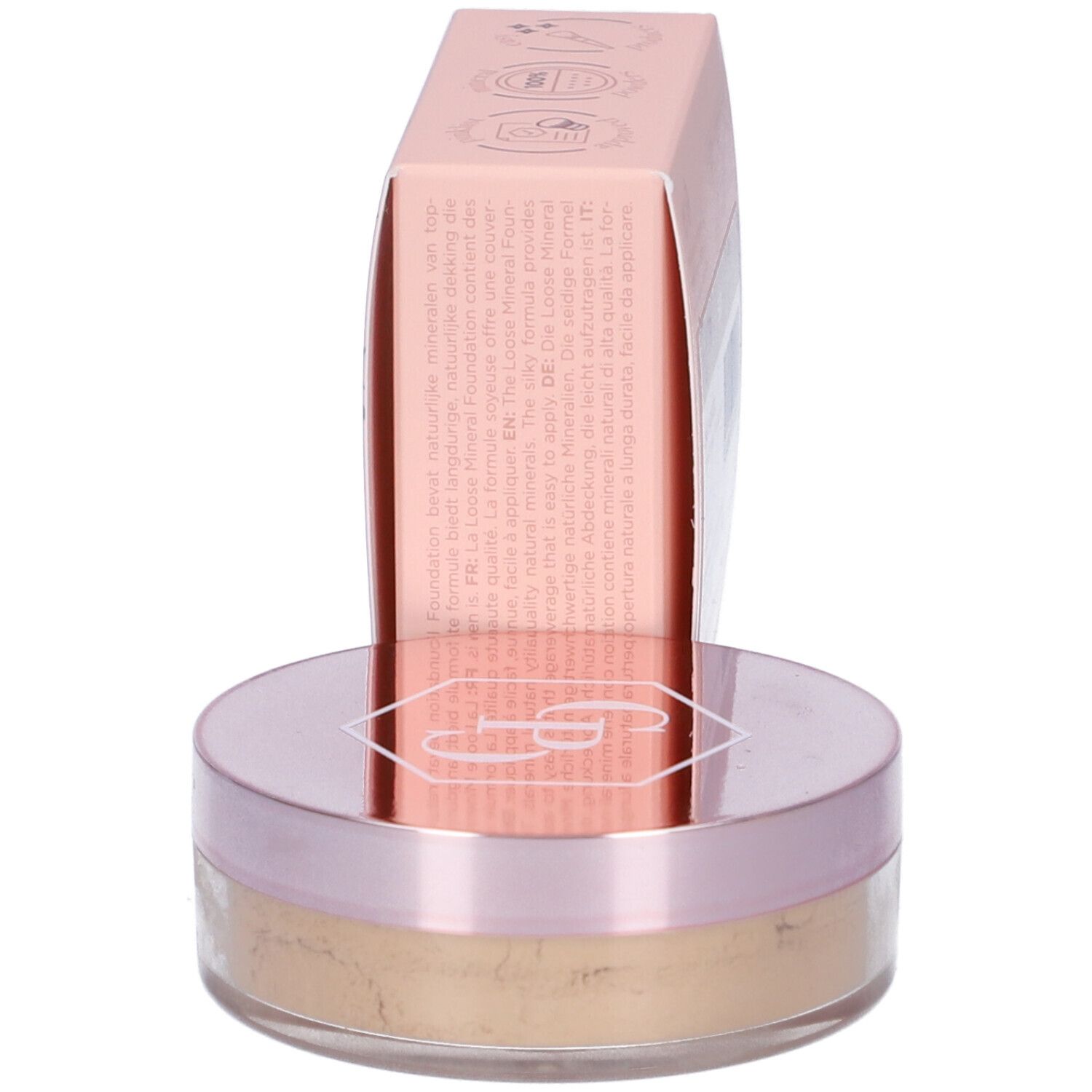 Cent Pur Cent Loose Mineral Foundation. Confezione rosa con testo e istruzioni. Barattolo con polvere minerale.