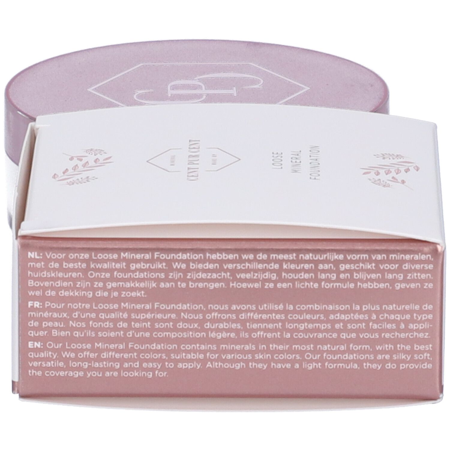 Cent Pur Cent Fondotinta Minerale. Barattolo e scatola rosa. Testo in olandese e francese.
