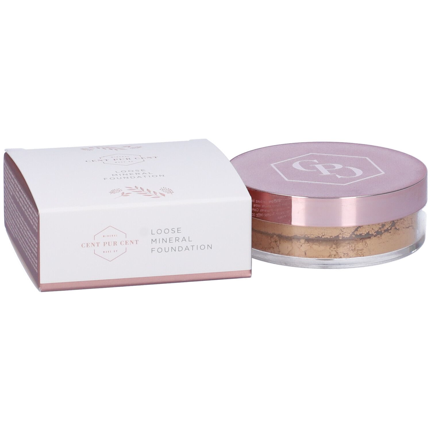 Cent Pur Cent Fondotinta Minerale. Barattolo con coperchio rosa e scatola. Nome del prodotto e logo visibili.