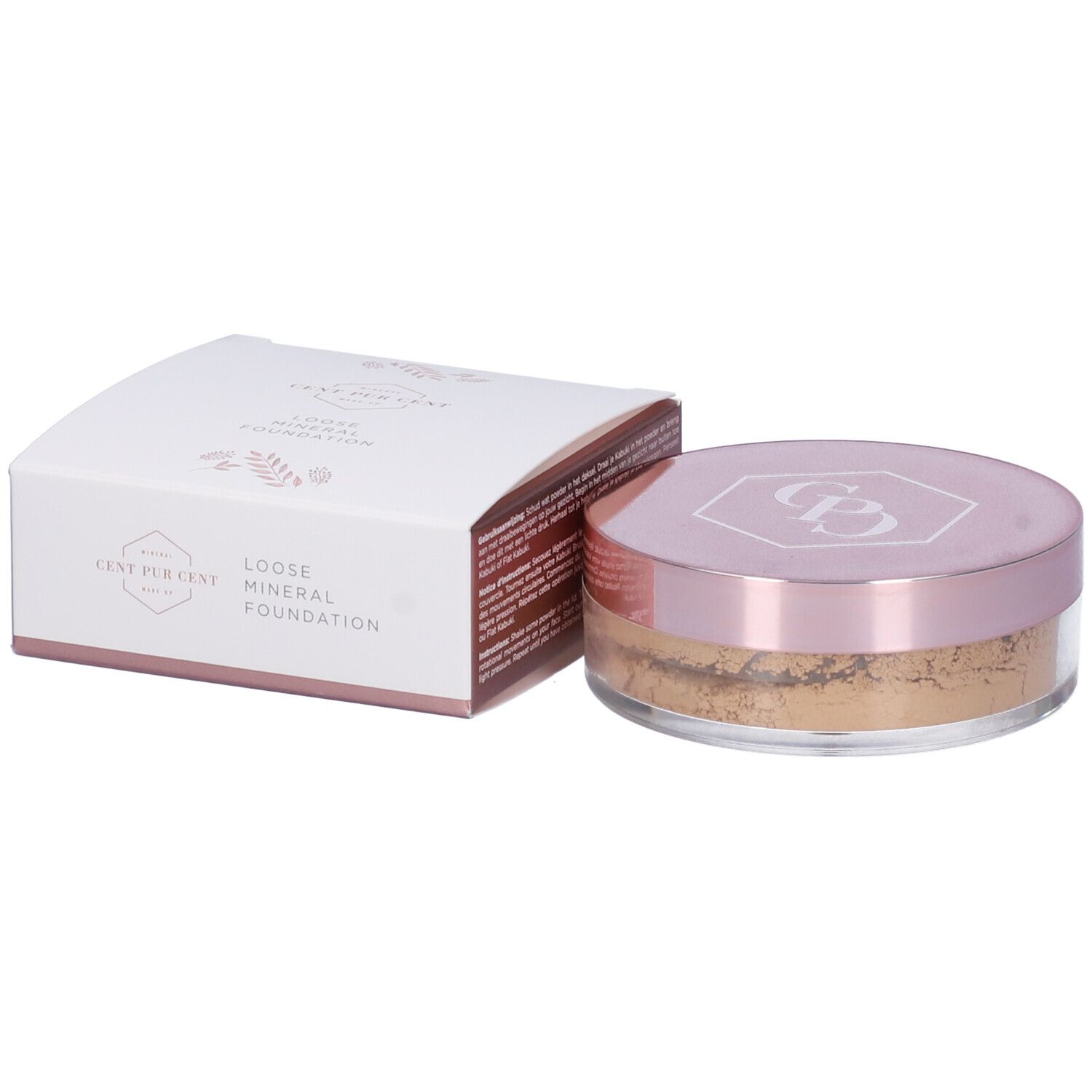 Cent Pur Cent Fondotinta Minerale. Barattolo con coperchio rosa e scatola. Nome del prodotto e logo visibili.
