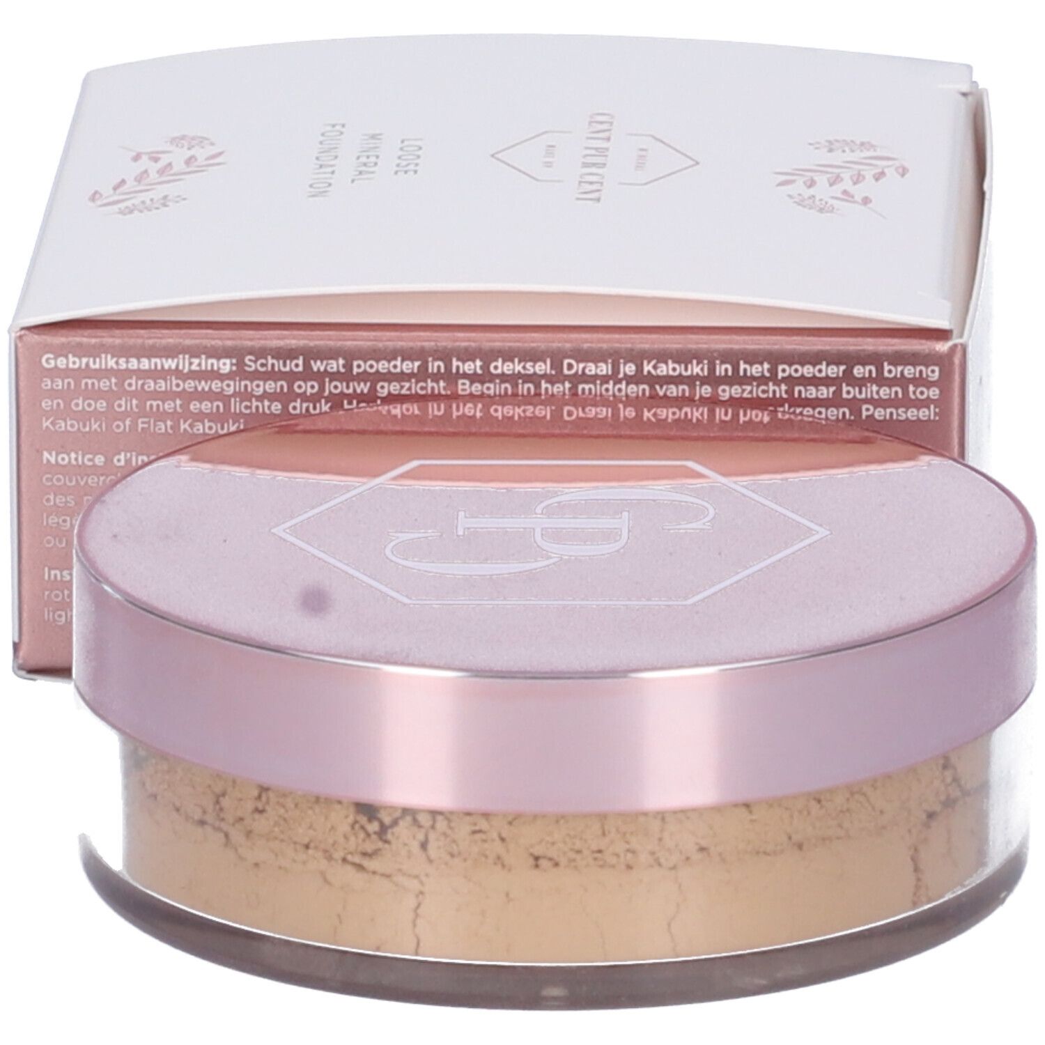 Cent Pur Cent Fondotinta Minerale. Barattolo con coperchio rosa e scatola. Nome del prodotto e logo visibili.