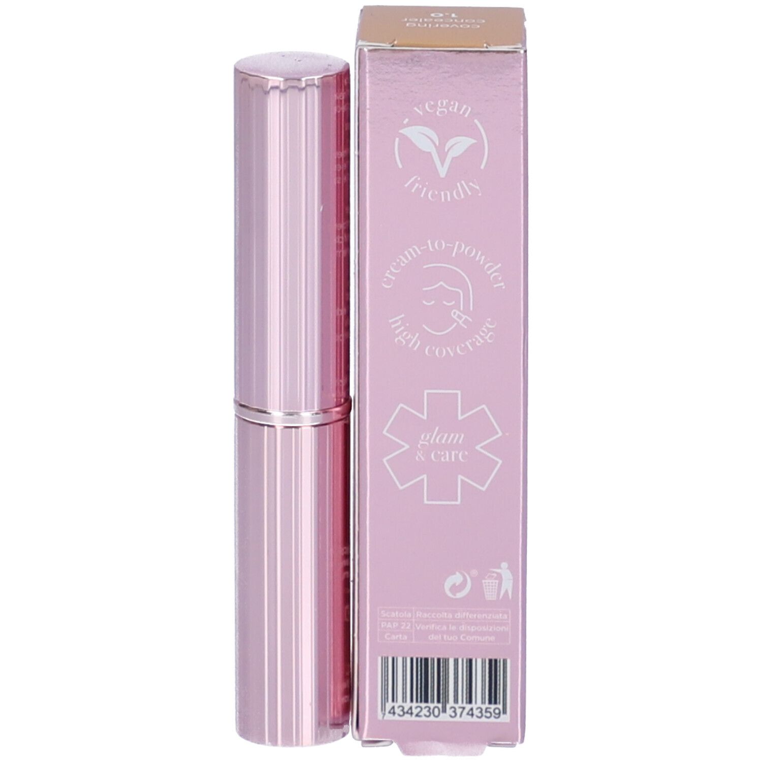 Retro della confezione con loghi e testo. Contiene "VEGAN friendly", "cream-to-powder", "high coverage".