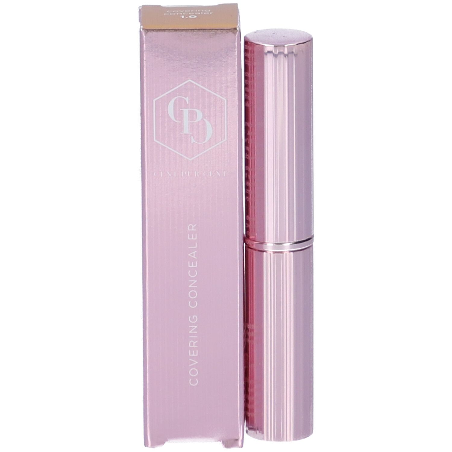 Correttore rosa e confezione. Sulla confezione è scritto "COVERING CONCEALER".