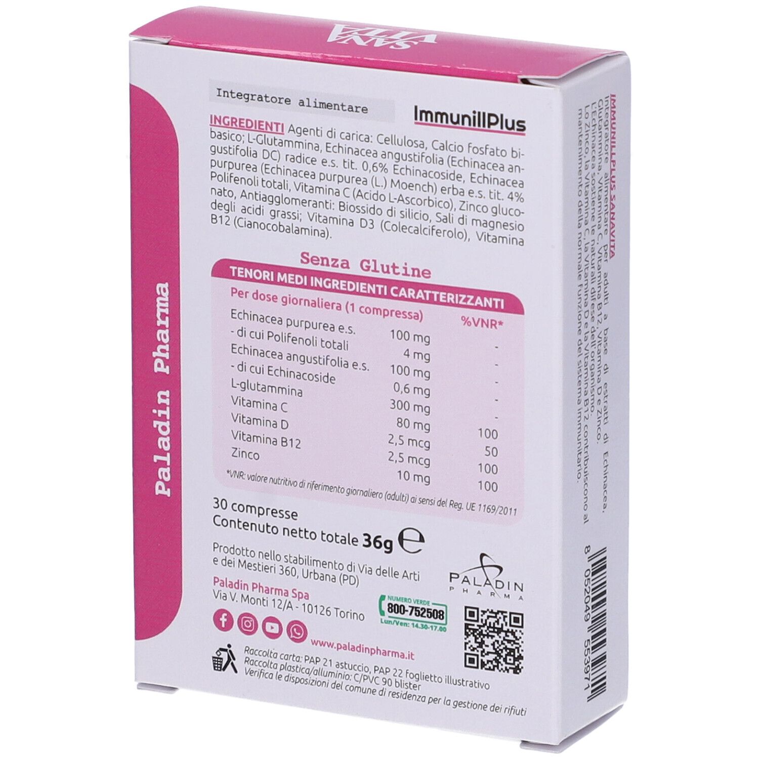 Retro della scatola Sanavita ImmunillPlus. Bianco. Testo: Ingredienti, informazioni nutrizionali, Paladin Pharma, 30 compresse.