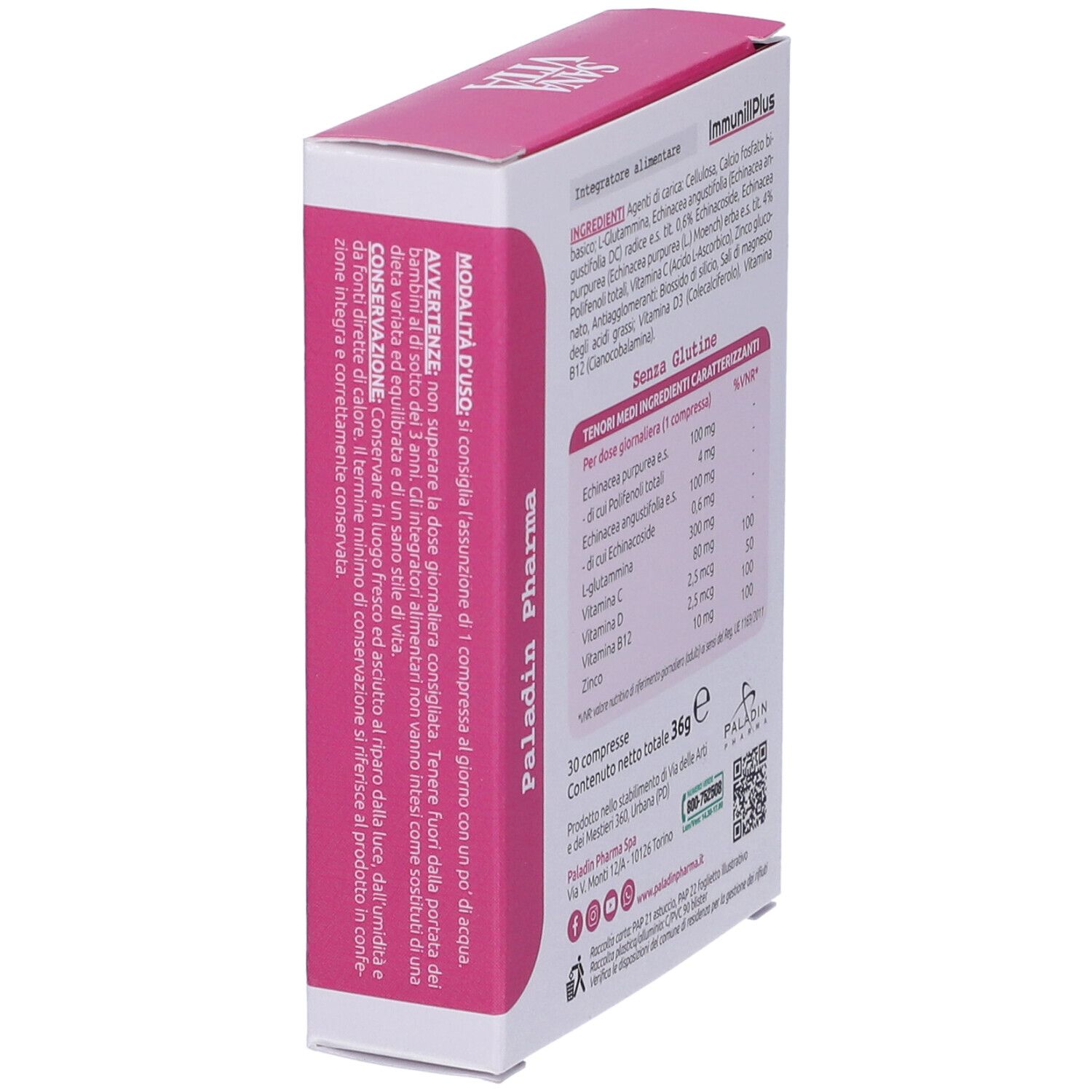 Lato della scatola Sanavita ImmunillPlus. Bianco e rosa. Testo: Avvertenze, modalità d'uso, 30 compresse, Paladin Pharma.