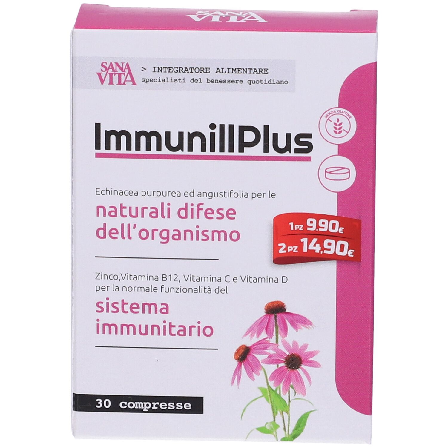 Scatola Sanavita ImmunillPlus. Rosa e bianca. Testo: ImmunillPlus, 30 compresse, Echinacea per il sistema immunitario. Etichetta prezzo.