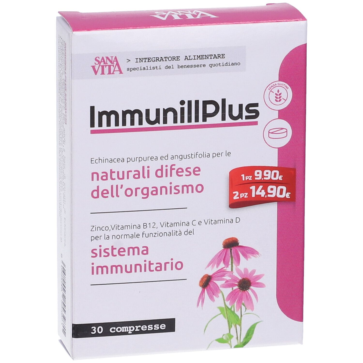 Scatola Sanavita ImmunillPlus. Rosa e bianca. Testo: ImmunillPlus, 30 compresse, Echinacea per il sistema immunitario. Etichetta prezzo.