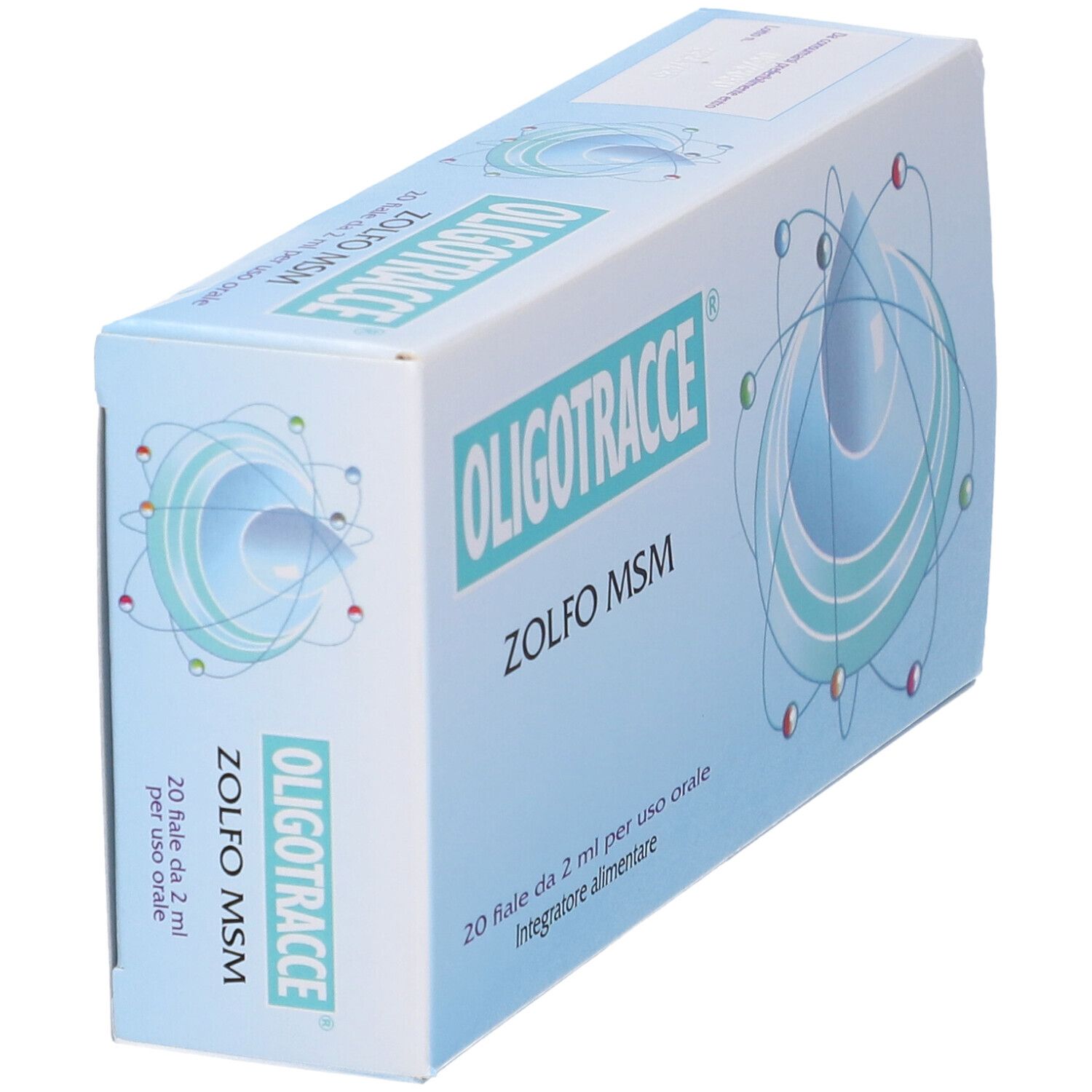 Scatola in diagonale. Nome e descrizione del prodotto visibili. Sfondo azzurro chiaro con elemento grafico.