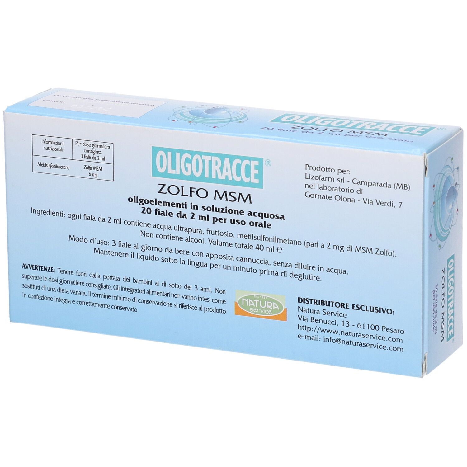 Retro della scatola. Nome del prodotto, ingredienti e istruzioni per l'uso. Sfondo azzurro chiaro.