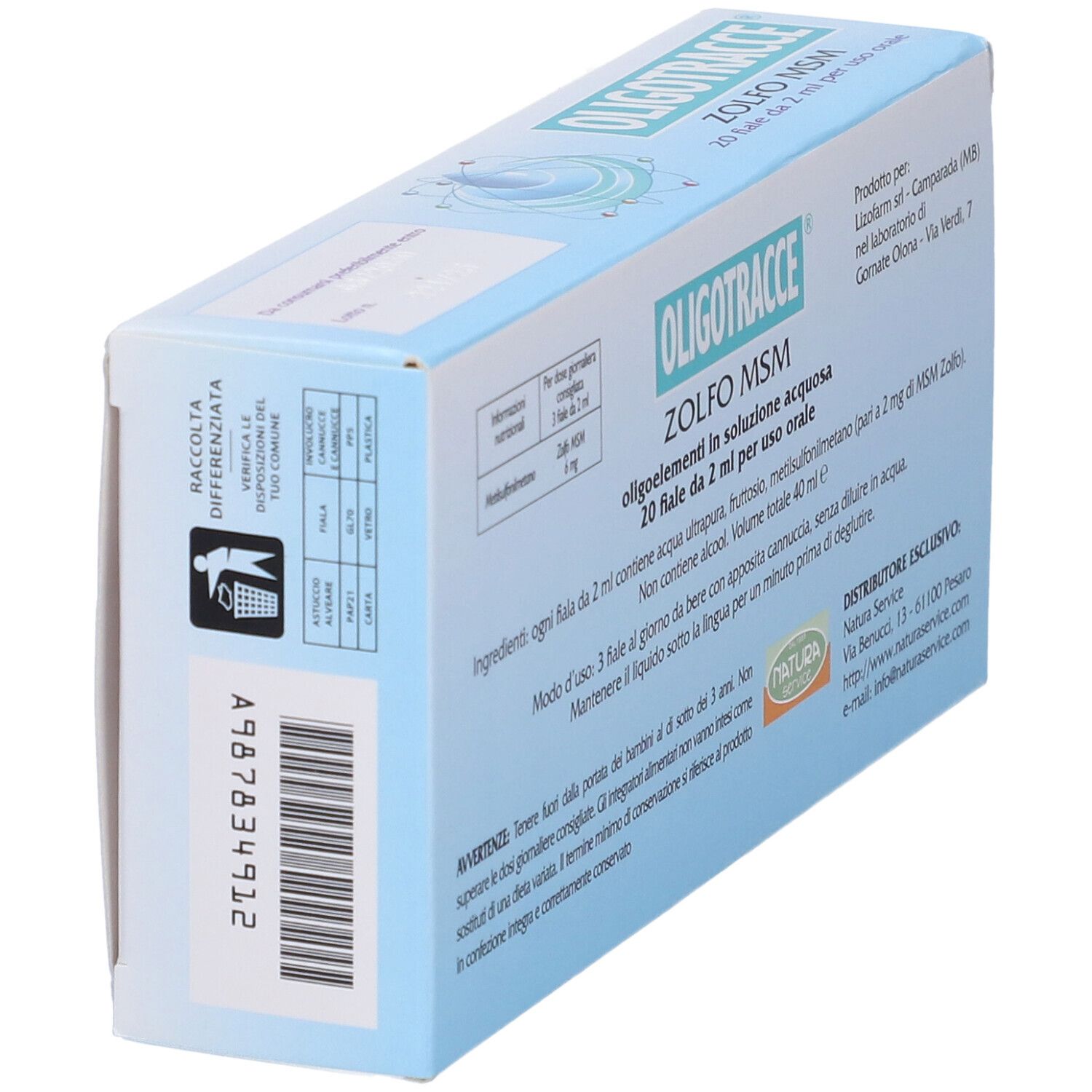 Scatola in diagonale. Retro con informazioni sul prodotto. Sfondo azzurro chiaro.