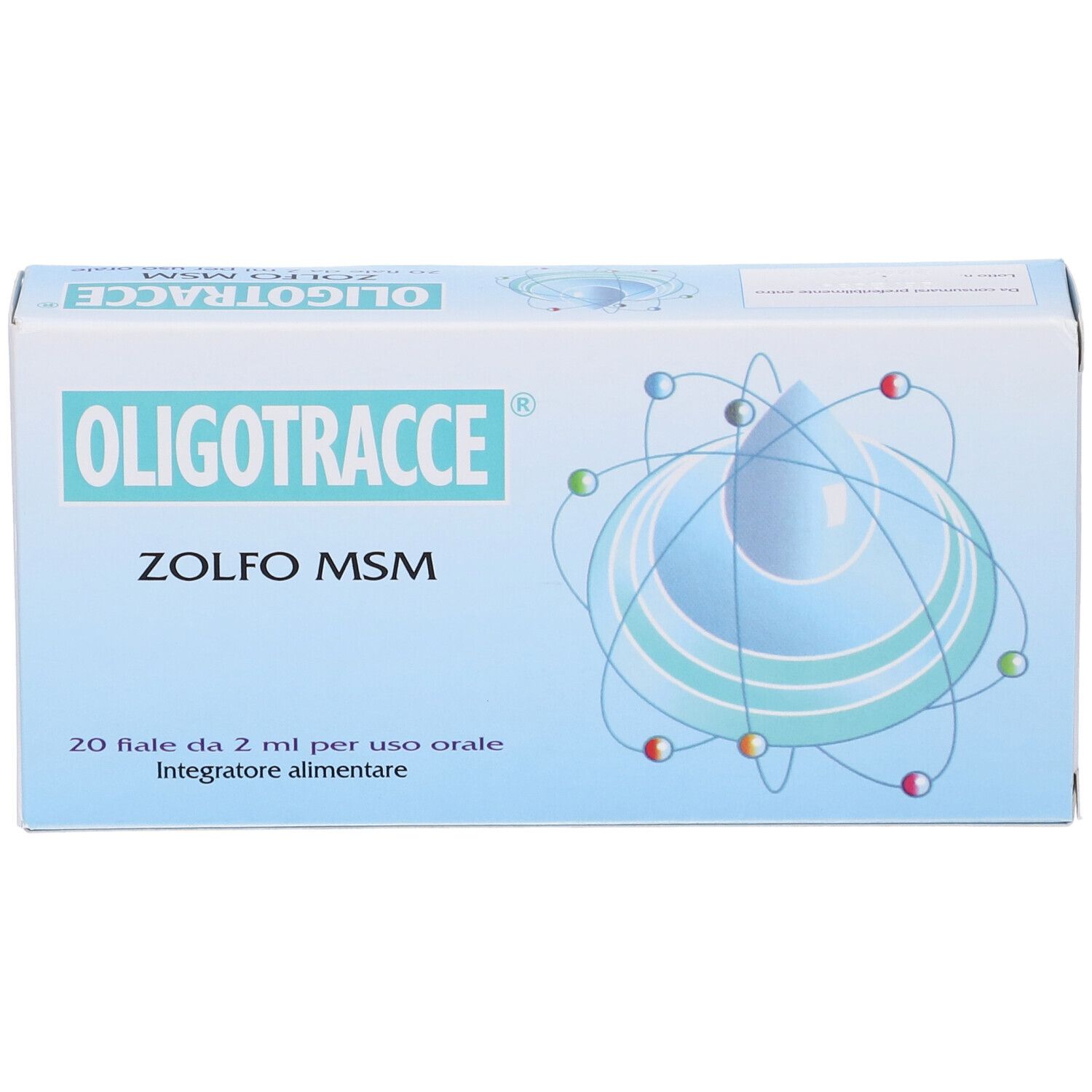 Scatola con nome e descrizione del prodotto. 20 fiale per uso orale. Sfondo azzurro chiaro con elemento grafico.