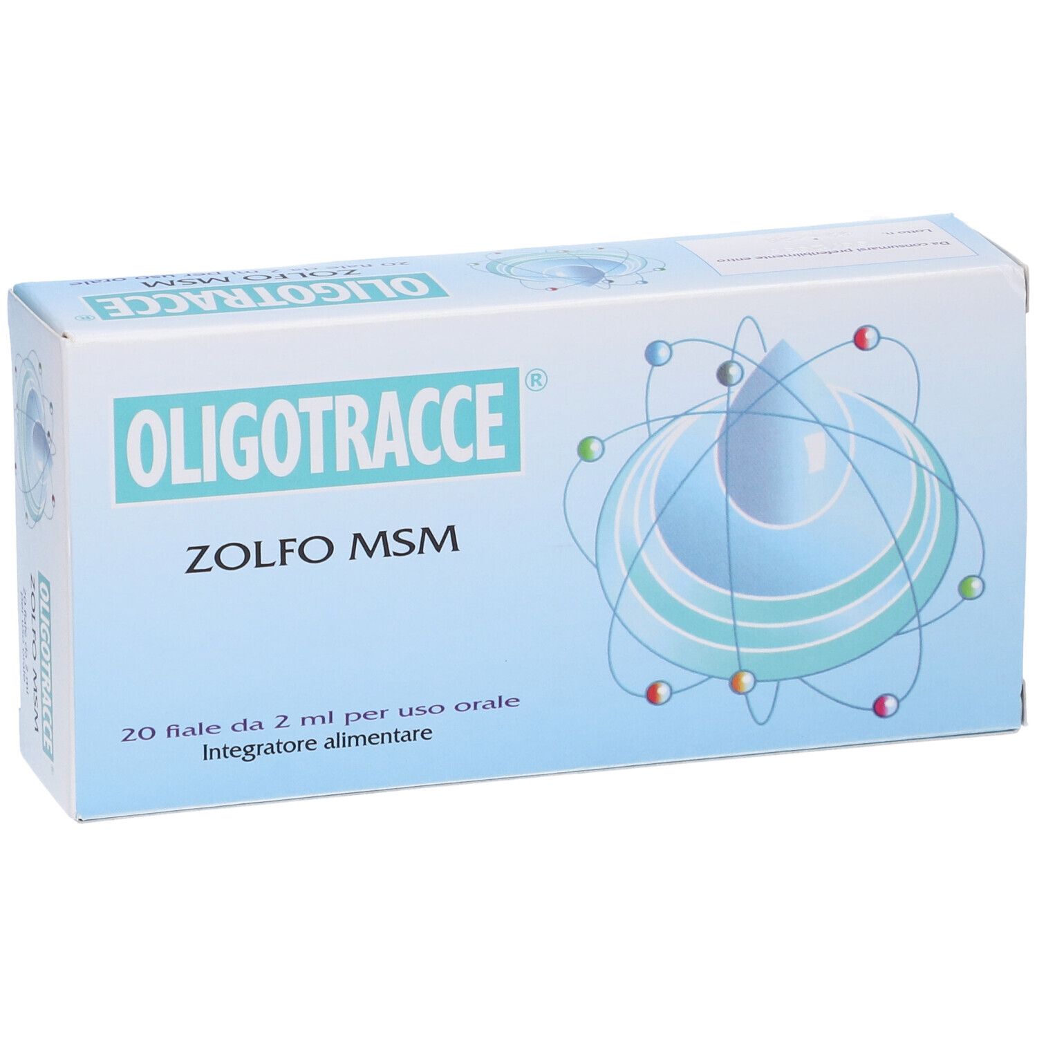 Scatola con nome e descrizione del prodotto. 20 fiale per uso orale. Sfondo azzurro chiaro con elemento grafico.