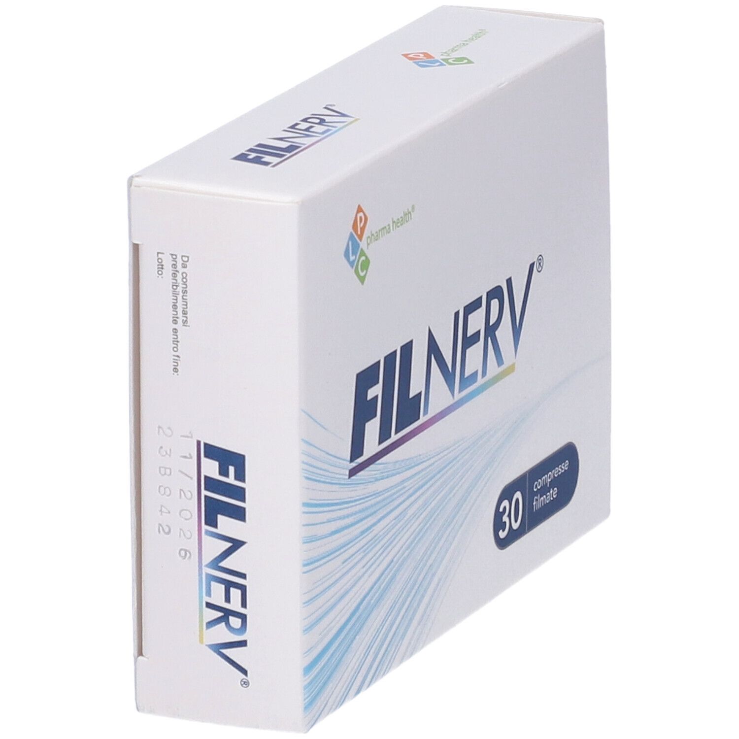 Scatola di compresse Filnerv. Scritta: Filnerv, 30 compresse filmate. Logo Pharma Health. Vista laterale.