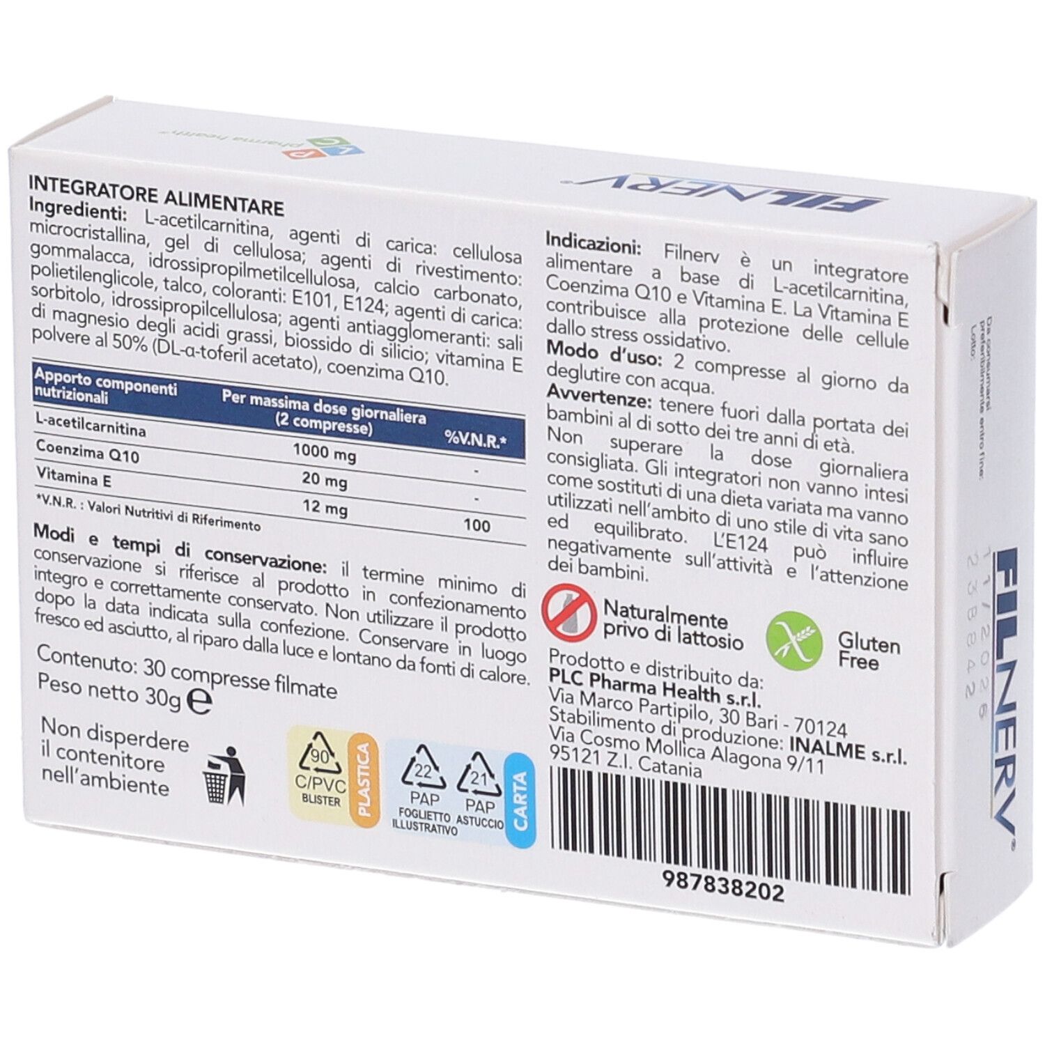 Retro della scatola di compresse Filnerv. Contiene informazioni su ingredienti, dosaggio e produttore.