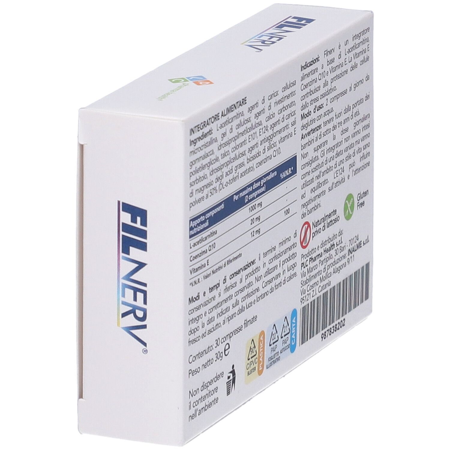 Scatola di compresse Filnerv. Scritta: Filnerv. Retro con ingredienti e informazioni del produttore.