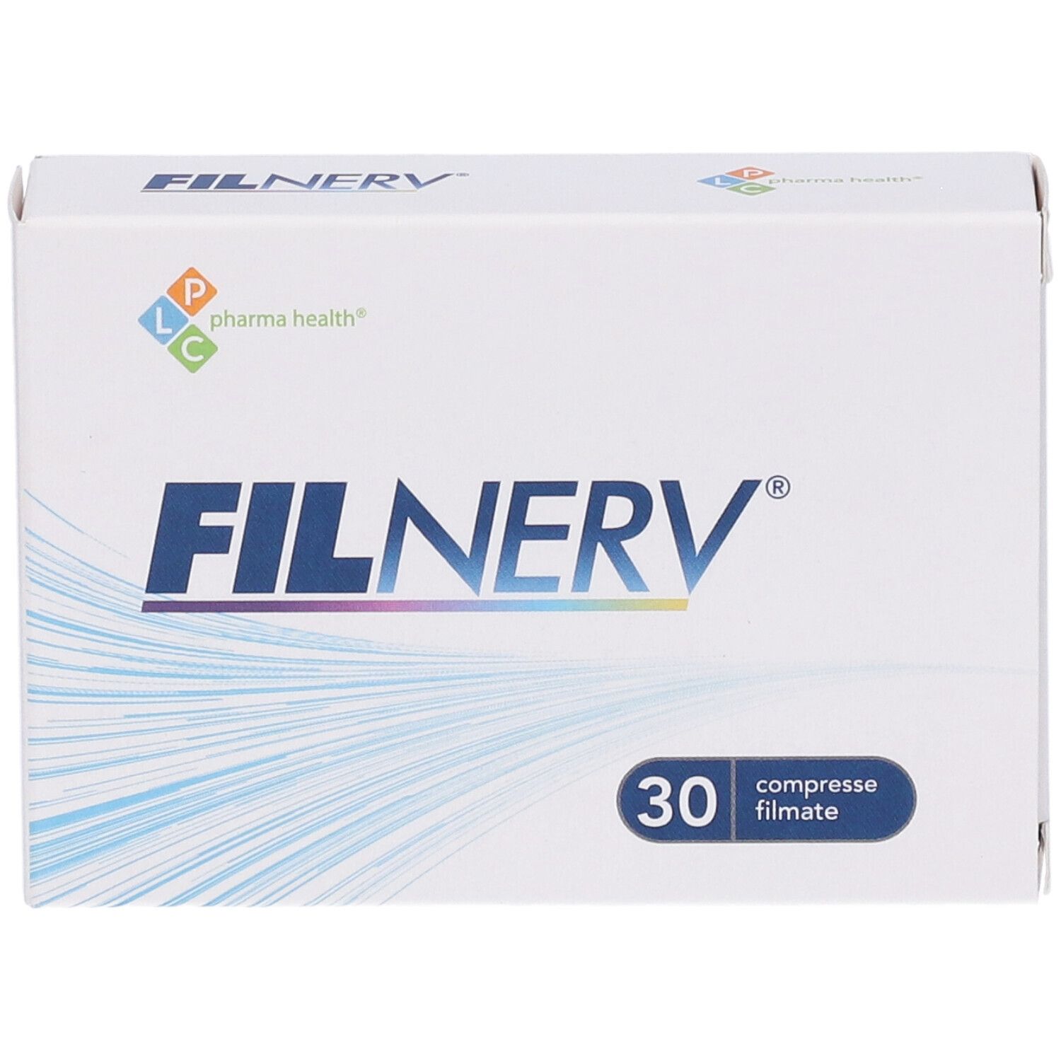 Scatola di compresse Filnerv. Scritta: Filnerv, 30 compresse filmate. Logo Pharma Health.