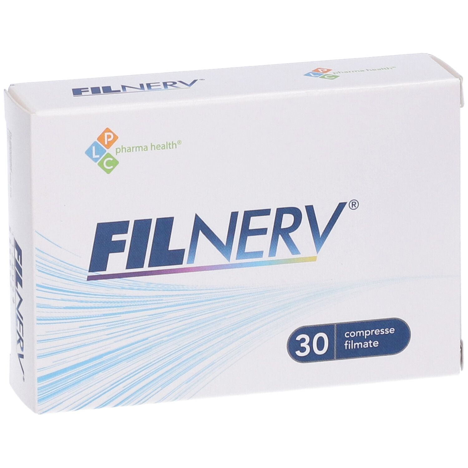 Scatola di compresse Filnerv. Scritta: Filnerv, 30 compresse filmate. Logo Pharma Health.