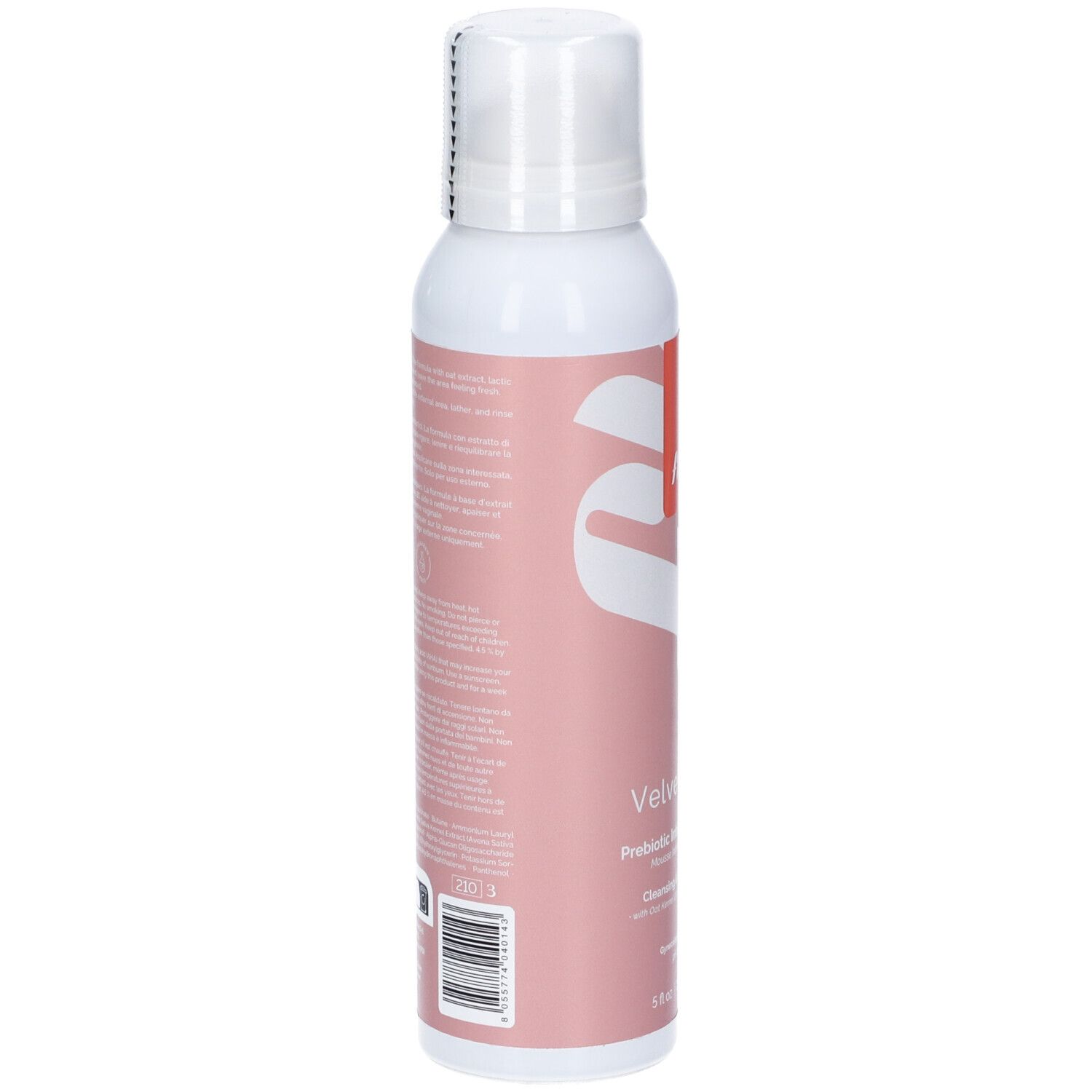 Bomboletta spray bianca con etichetta rosa e tappo bianco.