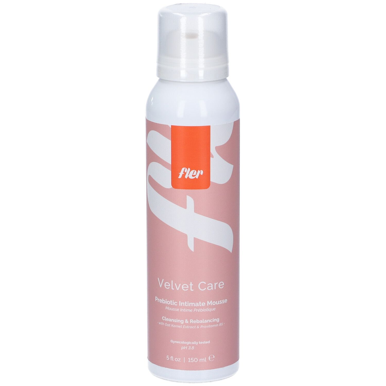 Mousse intima prebiotica Fler Velvet Care in bomboletta spray da 150 ml con erogatore a pompa.