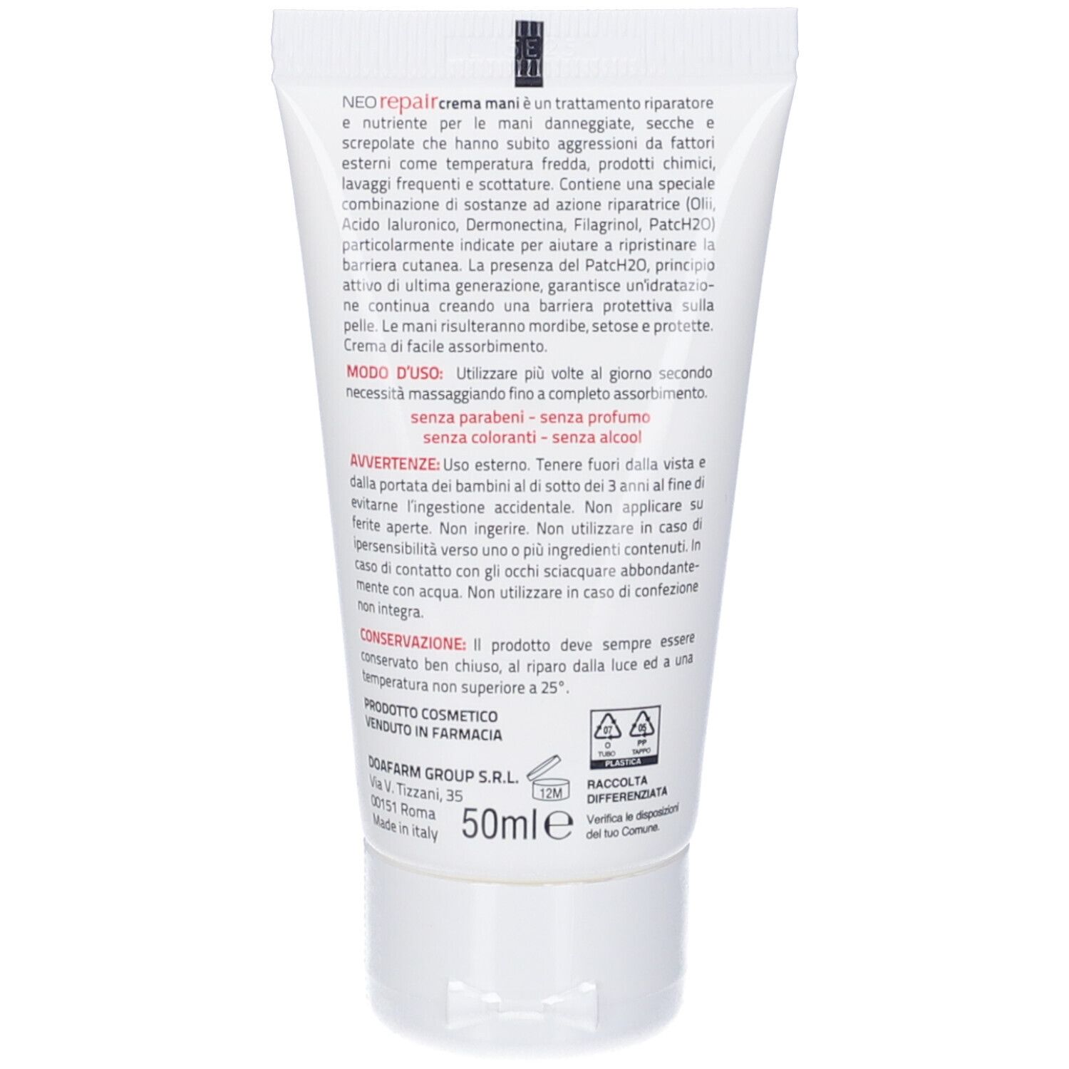 Retro del tubo Neorepair Crema Mani. Testo su ingredienti e uso. 50ml. Logo DOAFARM. Senza parabeni, profumo, coloranti, alcool.