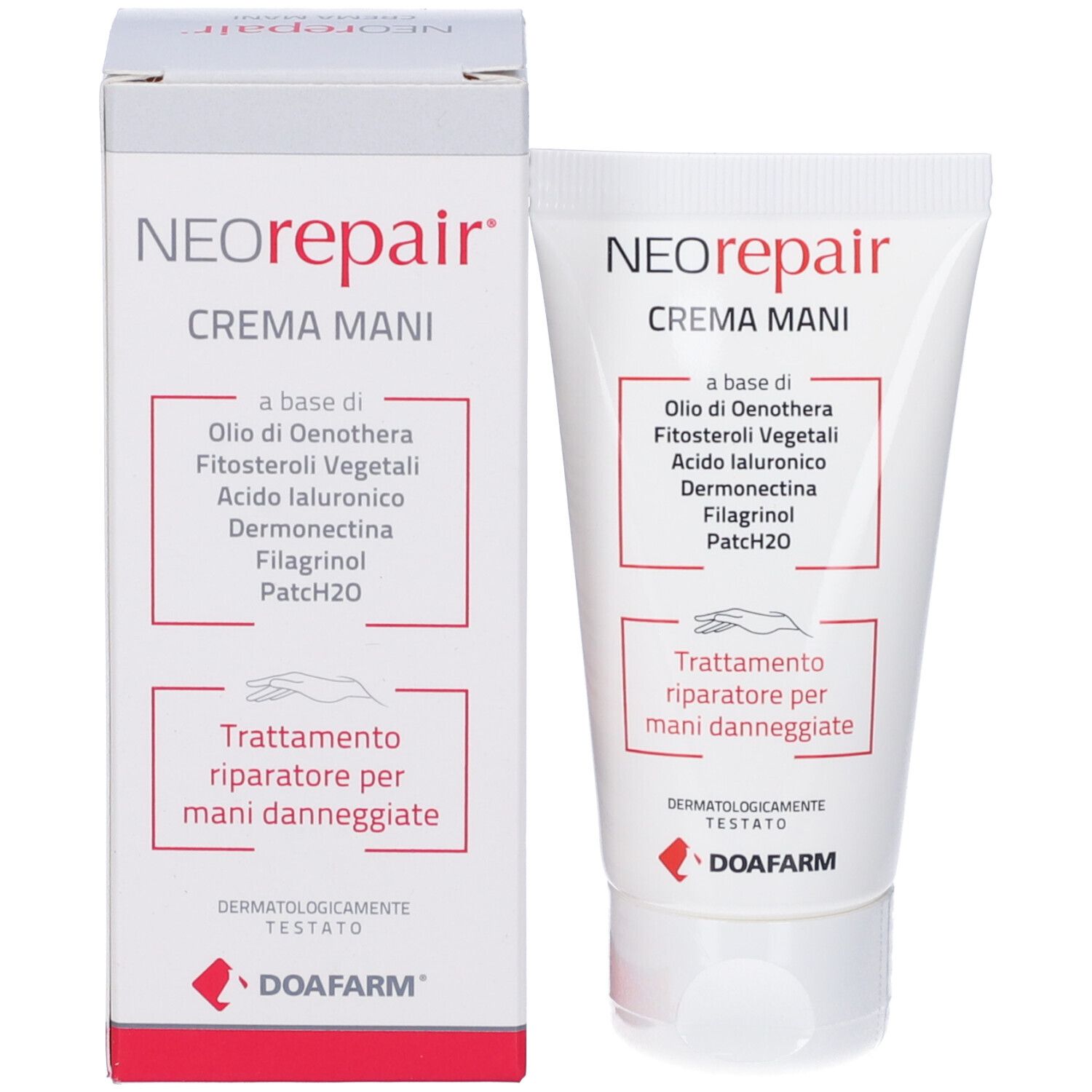 Neorepair Crema Mani, tubo e scatola. Scatola con nome prodotto e ingredienti. Logo DOAFARM. Testato dermatologicamente.