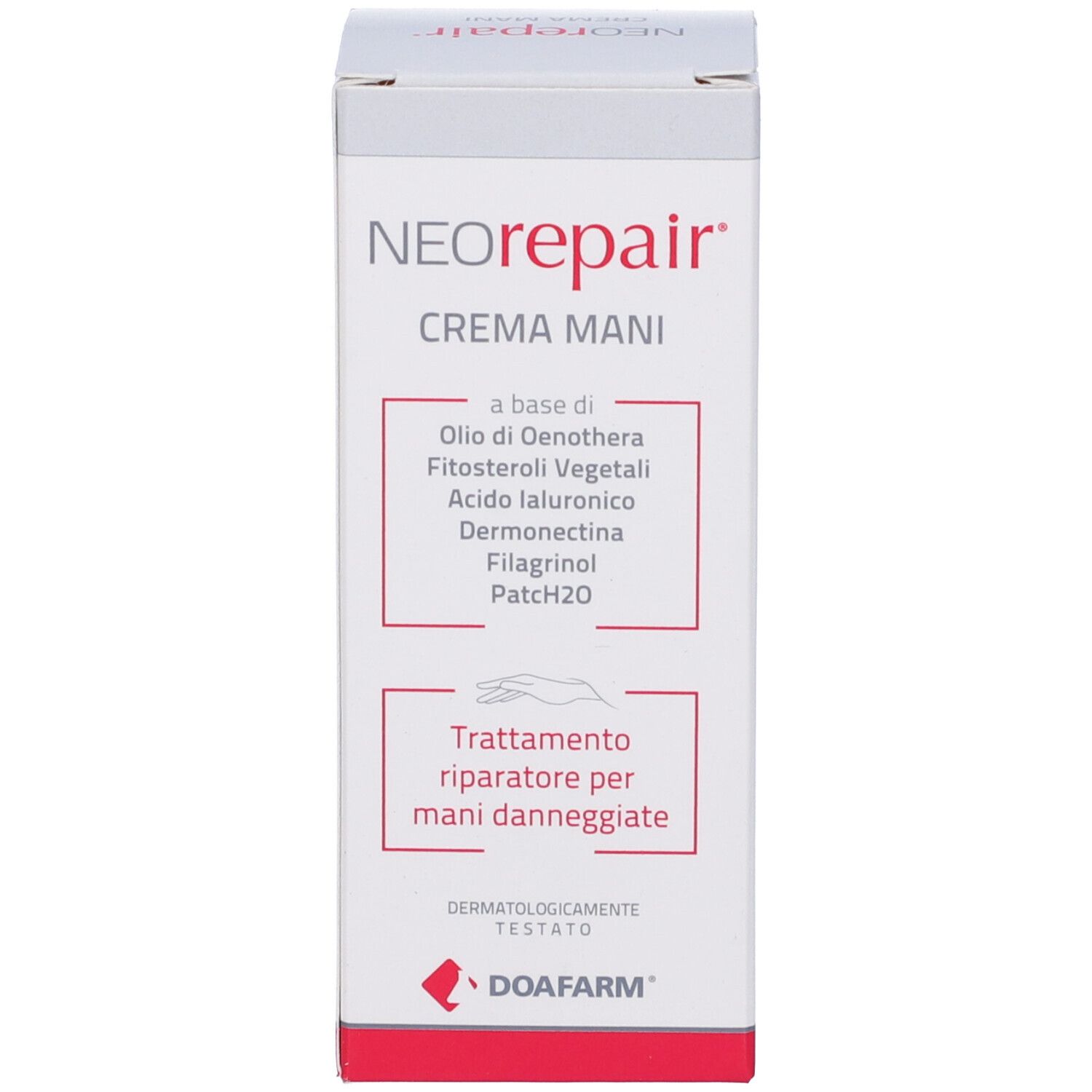 Scatola Neorepair Crema Mani. Nome prodotto, ingredienti e testo. Logo DOAFARM. Testato dermatologicamente.